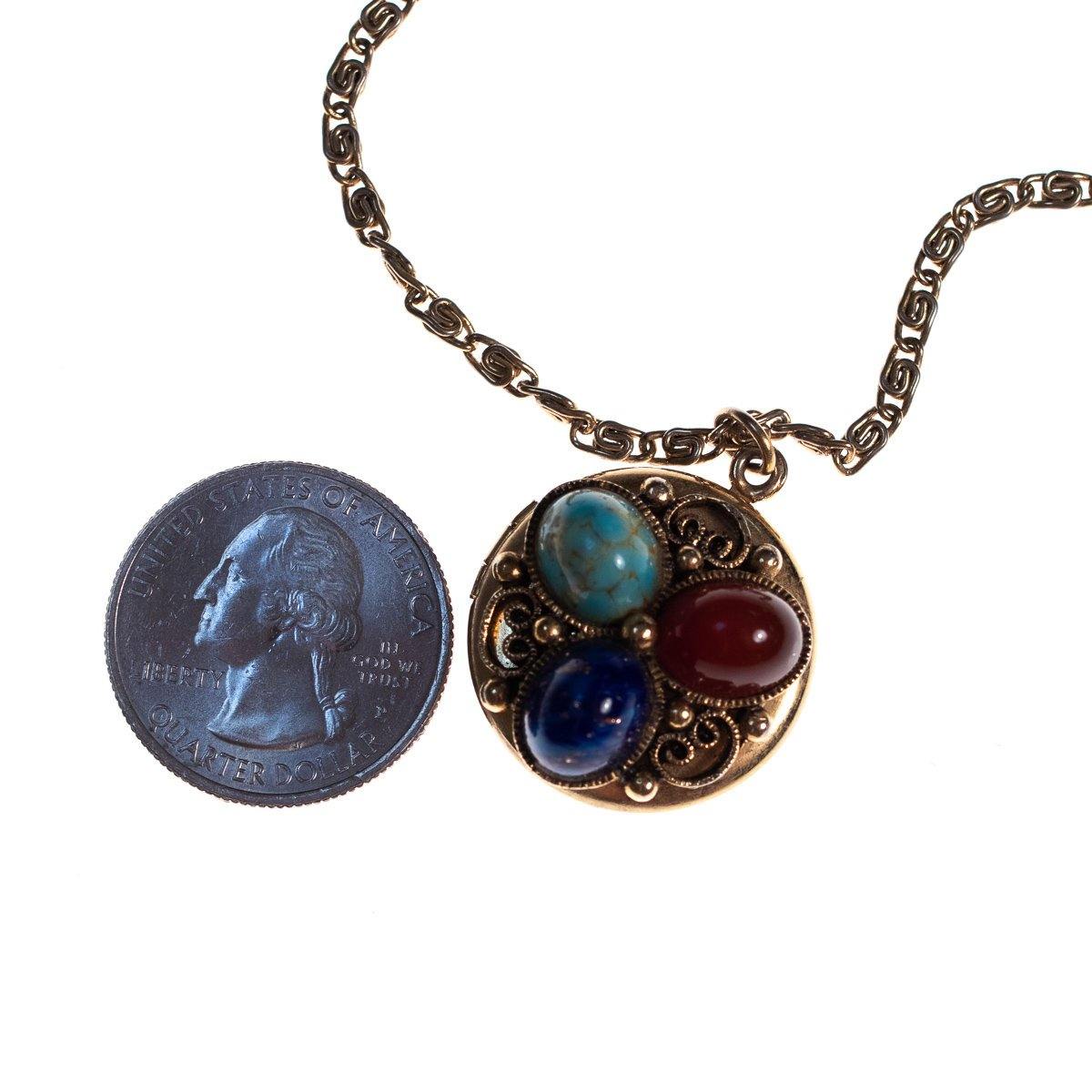 Vintage Victorian Revival Locket Necklace with Turquoise, Lapis, and Carnelian Art Glass by 1950s - Vintage Meet Modern Vintage Jewelry - Chicago, Illinois - #oldhollywoodglamour #vintagemeetmodern #designervintage #jewelrybox #antiquejewelry #vintagejewelry