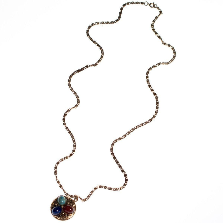 Vintage Victorian Revival Locket Necklace with Turquoise, Lapis, and Carnelian Art Glass by 1950s - Vintage Meet Modern Vintage Jewelry - Chicago, Illinois - #oldhollywoodglamour #vintagemeetmodern #designervintage #jewelrybox #antiquejewelry #vintagejewelry