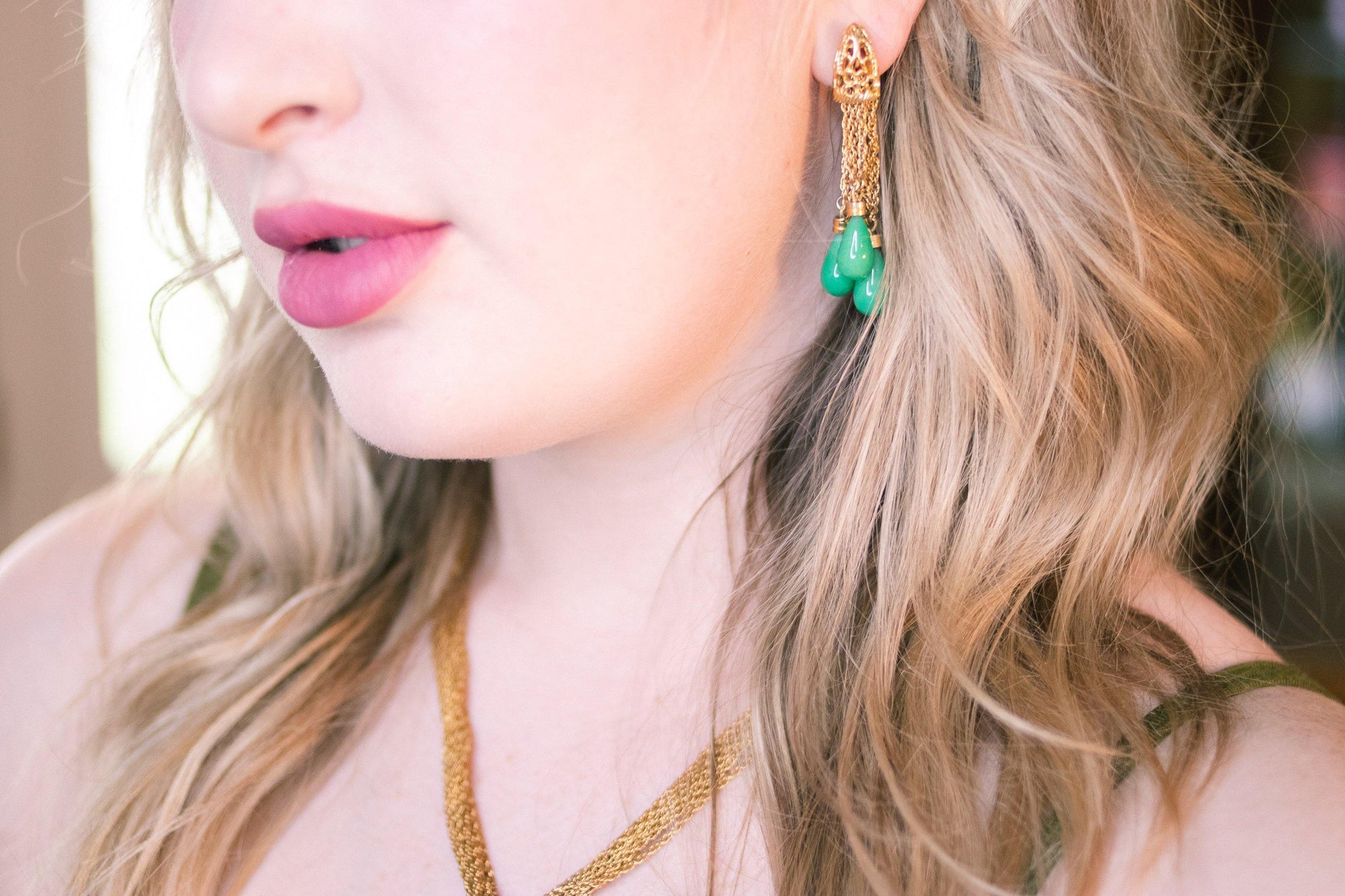 Vintage 1960s Jade Tassel Drop Earrings with Gold Links by 1960s - Vintage Meet Modern Vintage Jewelry - Chicago, Illinois - #oldhollywoodglamour #vintagemeetmodern #designervintage #jewelrybox #antiquejewelry #vintagejewelry