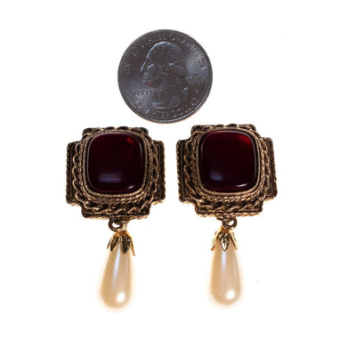Vintage 1980s Etruscan Revival Ruby Earrings with Pearl Drop by 1980s - Vintage Meet Modern Vintage Jewelry - Chicago, Illinois - #oldhollywoodglamour #vintagemeetmodern #designervintage #jewelrybox #antiquejewelry #vintagejewelry