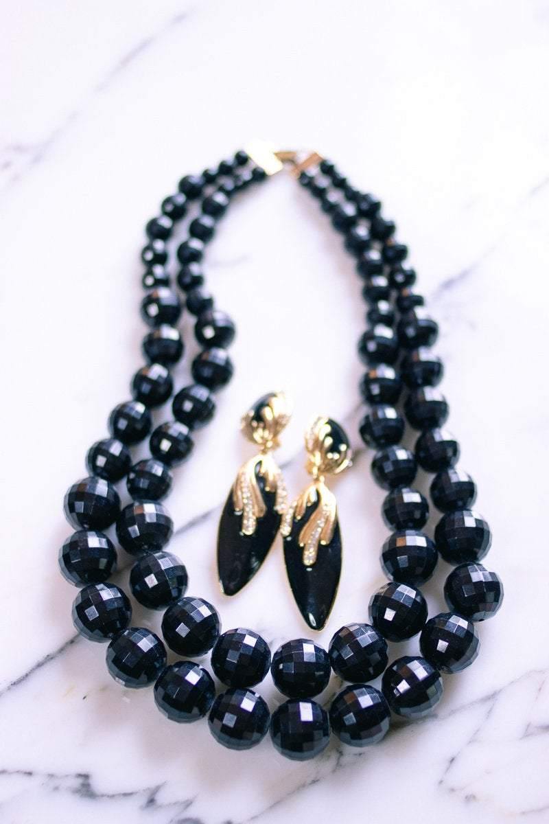 Vintage 1980s Black Enamel Earrings with Diamante Detailing by 1980s - Vintage Meet Modern Vintage Jewelry - Chicago, Illinois - #oldhollywoodglamour #vintagemeetmodern #designervintage #jewelrybox #antiquejewelry #vintagejewelry