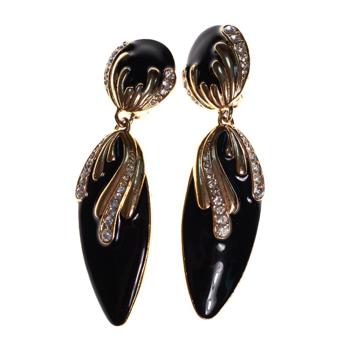 Vintage 1980s Black Enamel Earrings with Diamante Detailing by 1980s - Vintage Meet Modern Vintage Jewelry - Chicago, Illinois - #oldhollywoodglamour #vintagemeetmodern #designervintage #jewelrybox #antiquejewelry #vintagejewelry