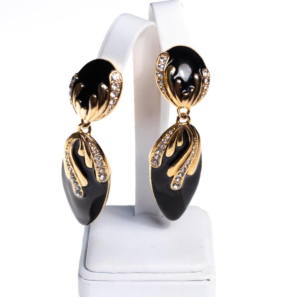 Vintage 1980s Black Enamel Earrings with Diamante Detailing by 1980s - Vintage Meet Modern Vintage Jewelry - Chicago, Illinois - #oldhollywoodglamour #vintagemeetmodern #designervintage #jewelrybox #antiquejewelry #vintagejewelry