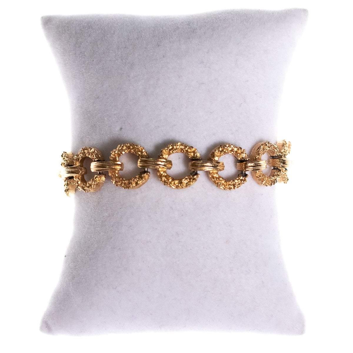 Vintage Crown Trifari Gold Textured Bracelet with Round Links by Crown Trifari - Vintage Meet Modern Vintage Jewelry - Chicago, Illinois - #oldhollywoodglamour #vintagemeetmodern #designervintage #jewelrybox #antiquejewelry #vintagejewelry