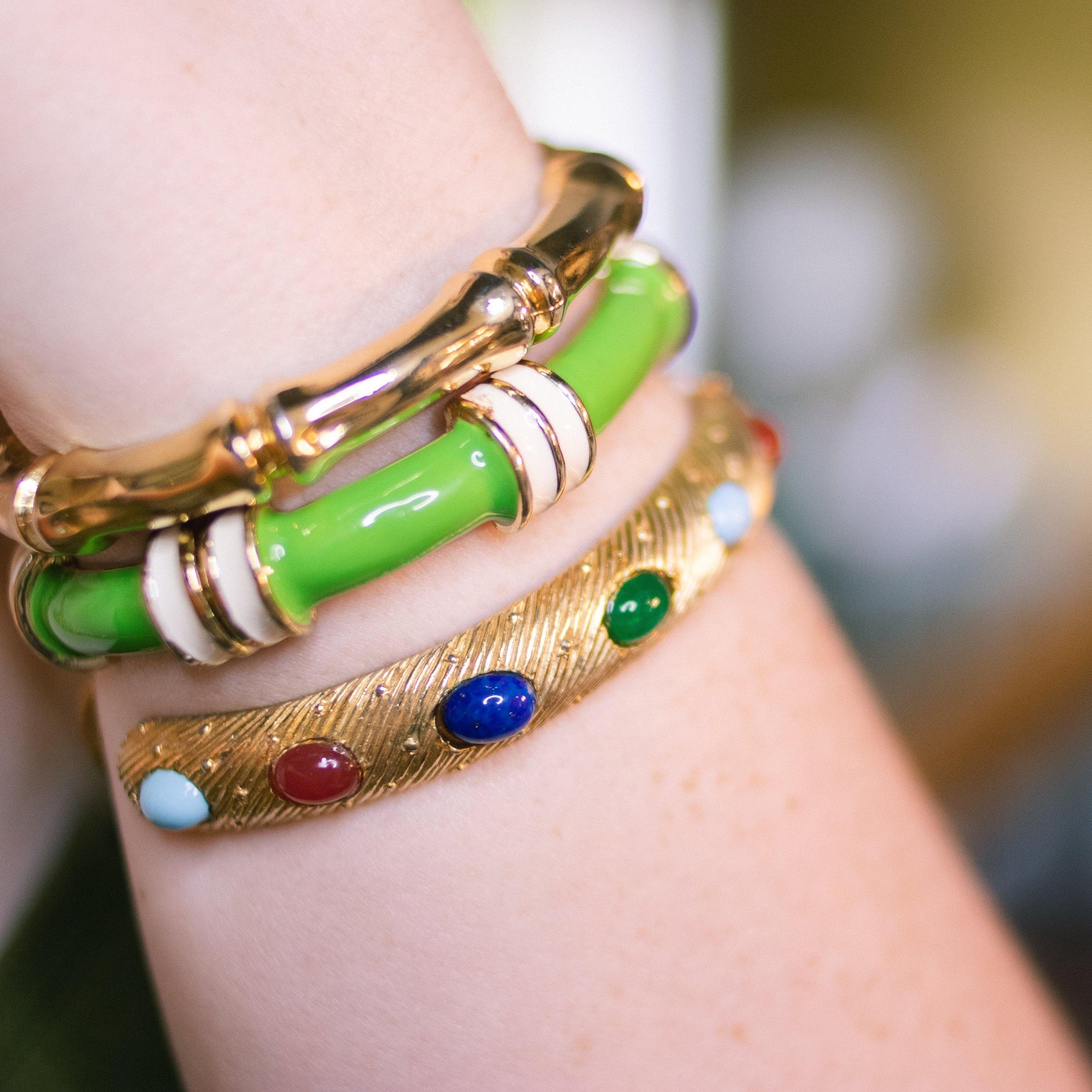 Vintage Fornash Green and White Enamel Bangle Bracelet with Hinge by Fornash - Vintage Meet Modern Vintage Jewelry - Chicago, Illinois - #oldhollywoodglamour #vintagemeetmodern #designervintage #jewelrybox #antiquejewelry #vintagejewelry