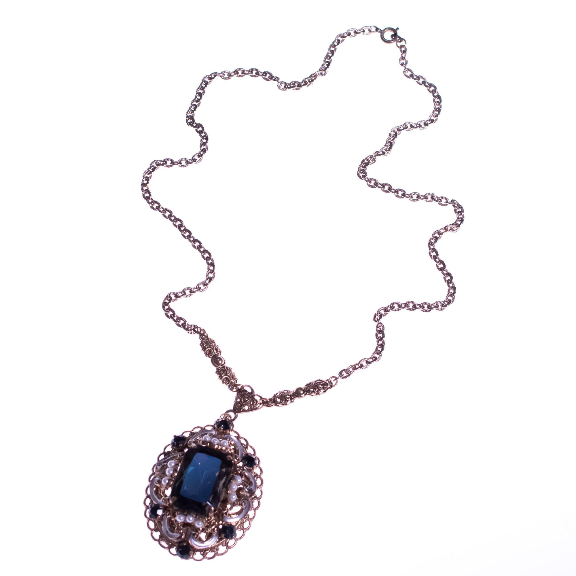 Vintage 1950s West German Crystal and Faux Pearl Filigree Necklace by West Germany - Vintage Meet Modern Vintage Jewelry - Chicago, Illinois - #oldhollywoodglamour #vintagemeetmodern #designervintage #jewelrybox #antiquejewelry #vintagejewelry