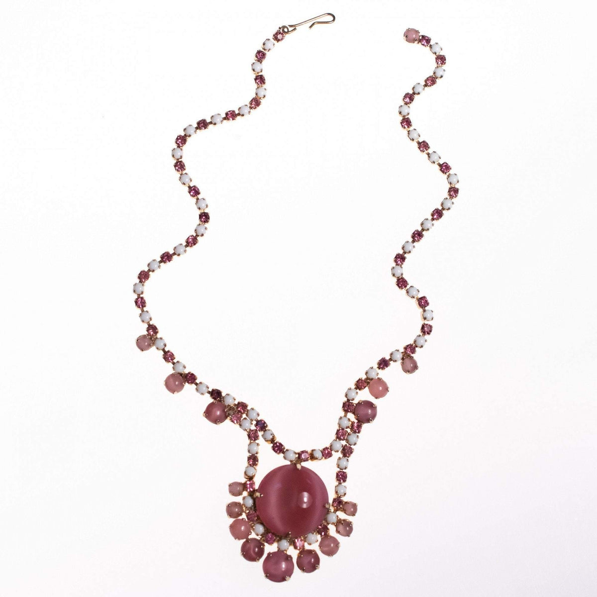 Vintage 1950s Pink and White Milk Glass Necklace with Rhinestone Pendant