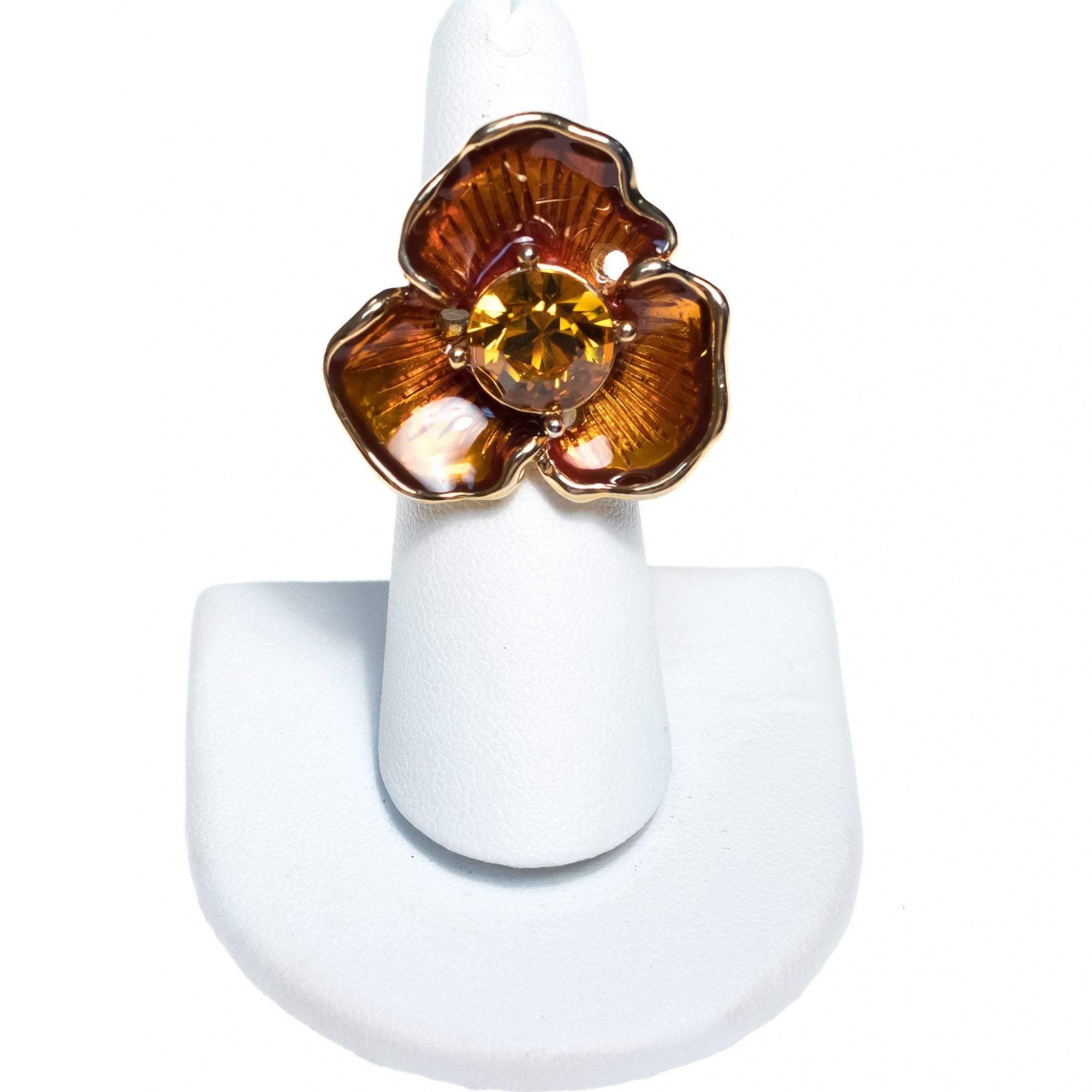 Vintage Kenneth Jay Lane Golden Pansy Ring with Amber Crystal by Kenneth Jay Lane - Vintage Meet Modern Vintage Jewelry - Chicago, Illinois - #oldhollywoodglamour #vintagemeetmodern #designervintage #jewelrybox #antiquejewelry #vintagejewelry