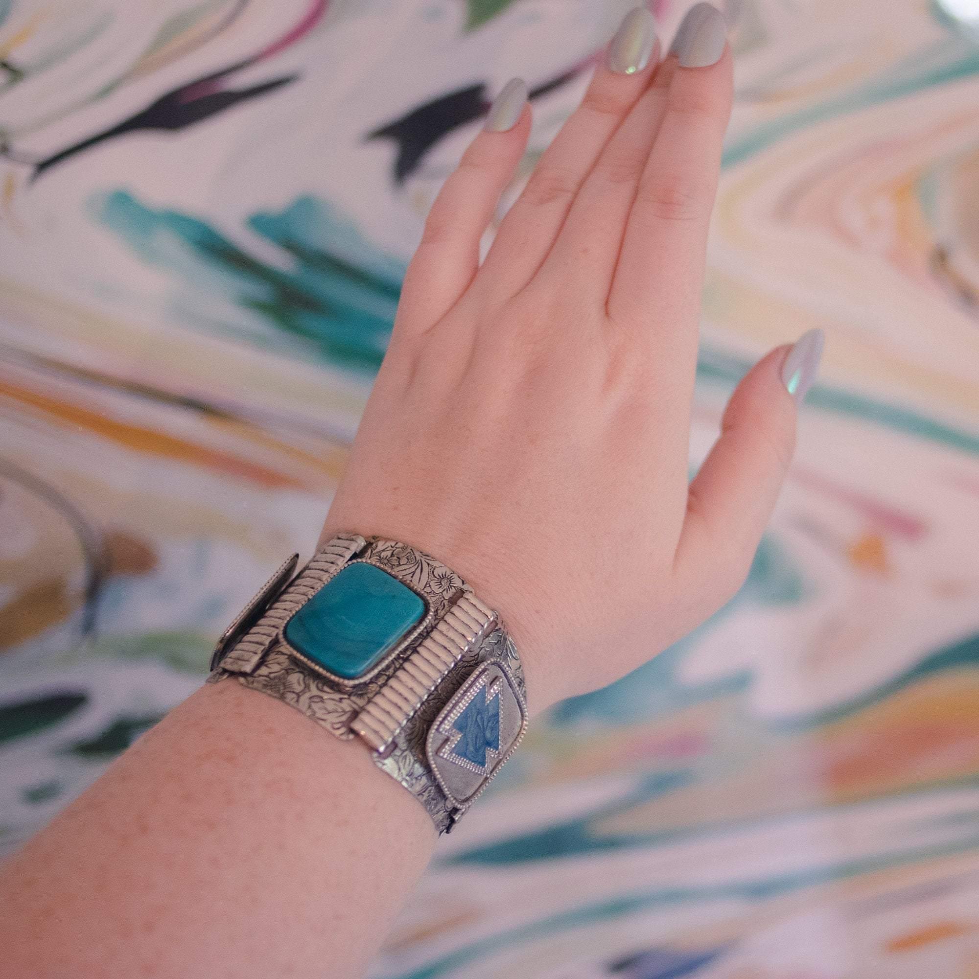 Vintage Boho Chic Mid Century Modern Silver and Turquoise Lucite Chunky Panel Bracelet by Mid Century Modern - Vintage Meet Modern Vintage Jewelry - Chicago, Illinois - #oldhollywoodglamour #vintagemeetmodern #designervintage #jewelrybox #antiquejewelry #vintagejewelry