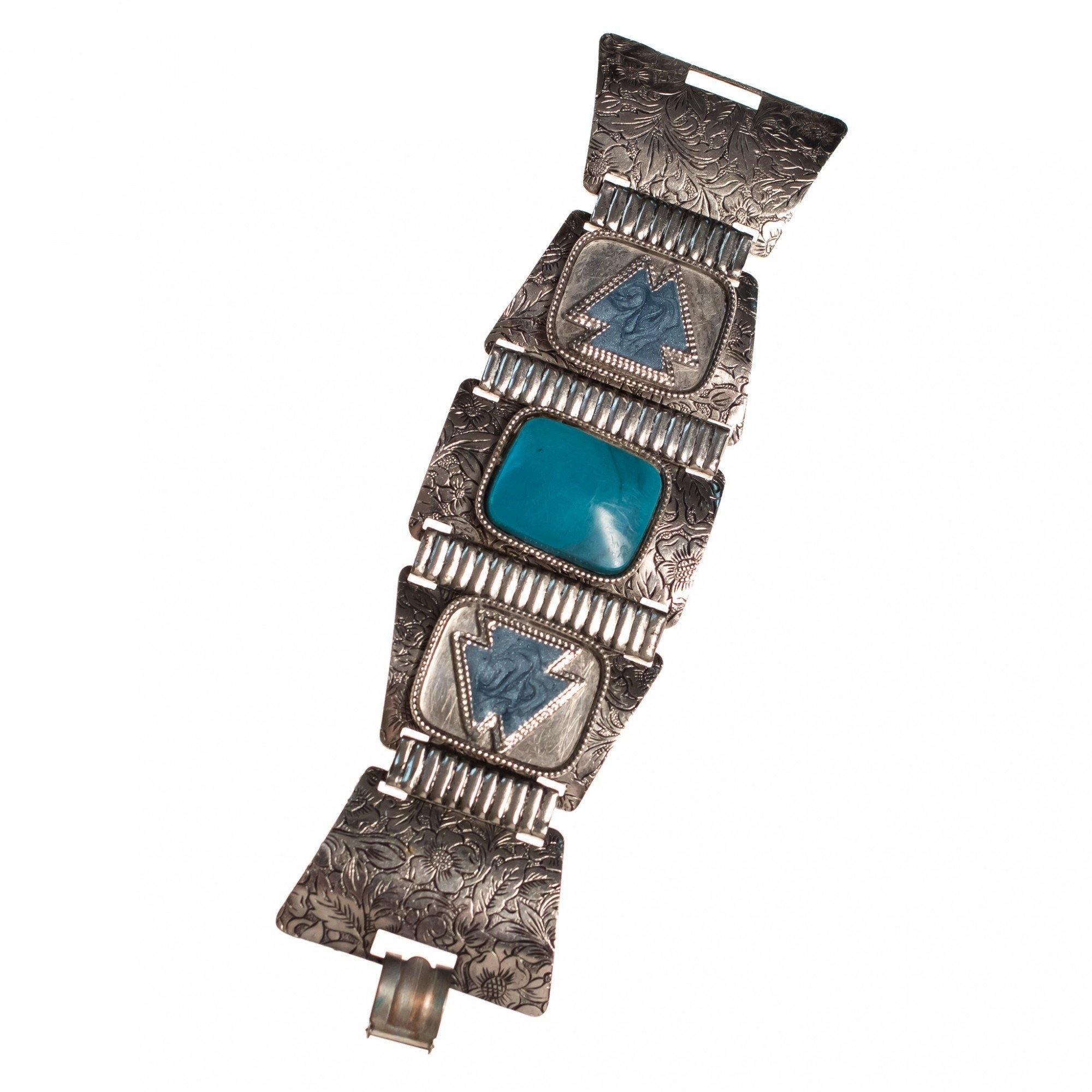 Vintage Boho Chic Mid Century Modern Silver and Turquoise Lucite Chunky Panel Bracelet by Mid Century Modern - Vintage Meet Modern Vintage Jewelry - Chicago, Illinois - #oldhollywoodglamour #vintagemeetmodern #designervintage #jewelrybox #antiquejewelry #vintagejewelry