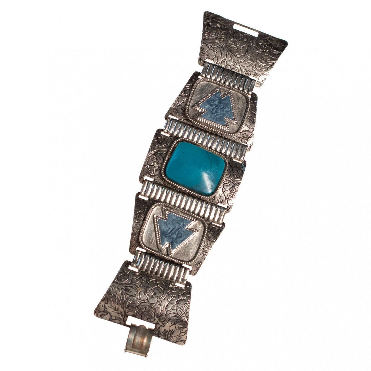 Vintage Boho Chic Mid Century Modern Silver and Turquoise Lucite Chunky Panel Bracelet
