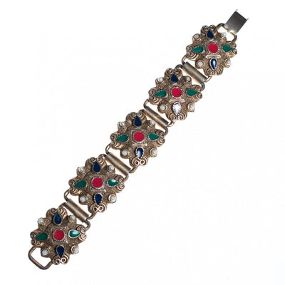 Vintage Silver Embossed Panel Bracelet with Red, Green, Blue Enamel and Faux Pearls by Mid Century Modern - Vintage Meet Modern Vintage Jewelry - Chicago, Illinois - #oldhollywoodglamour #vintagemeetmodern #designervintage #jewelrybox #antiquejewelry #vintagejewelry