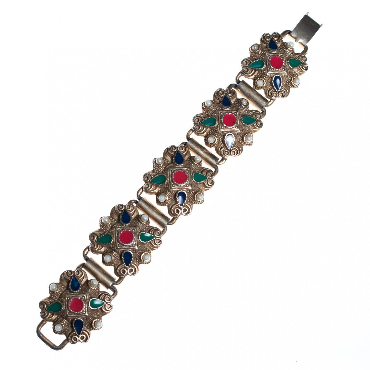 Vintage Silver Embossed Panel Bracelet with Red, Green, Blue Enamel and Faux Pearls