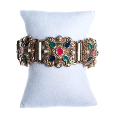 Vintage Silver Embossed Panel Bracelet with Red, Green, Blue Enamel and Faux Pearls by Mid Century Modern - Vintage Meet Modern Vintage Jewelry - Chicago, Illinois - #oldhollywoodglamour #vintagemeetmodern #designervintage #jewelrybox #antiquejewelry #vintagejewelry