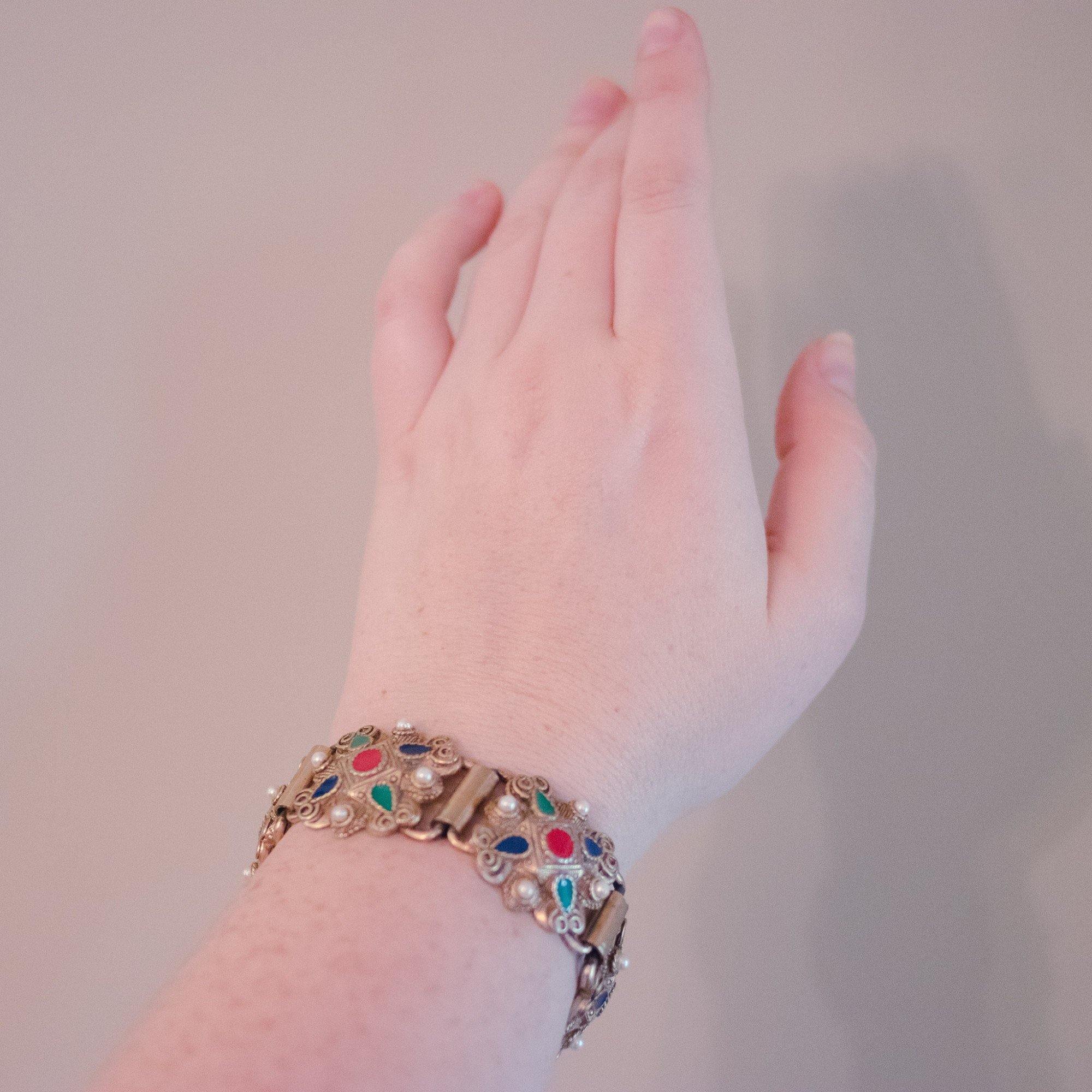 Vintage Silver Embossed Panel Bracelet with Red, Green, Blue Enamel and Faux Pearls by Mid Century Modern - Vintage Meet Modern Vintage Jewelry - Chicago, Illinois - #oldhollywoodglamour #vintagemeetmodern #designervintage #jewelrybox #antiquejewelry #vintagejewelry