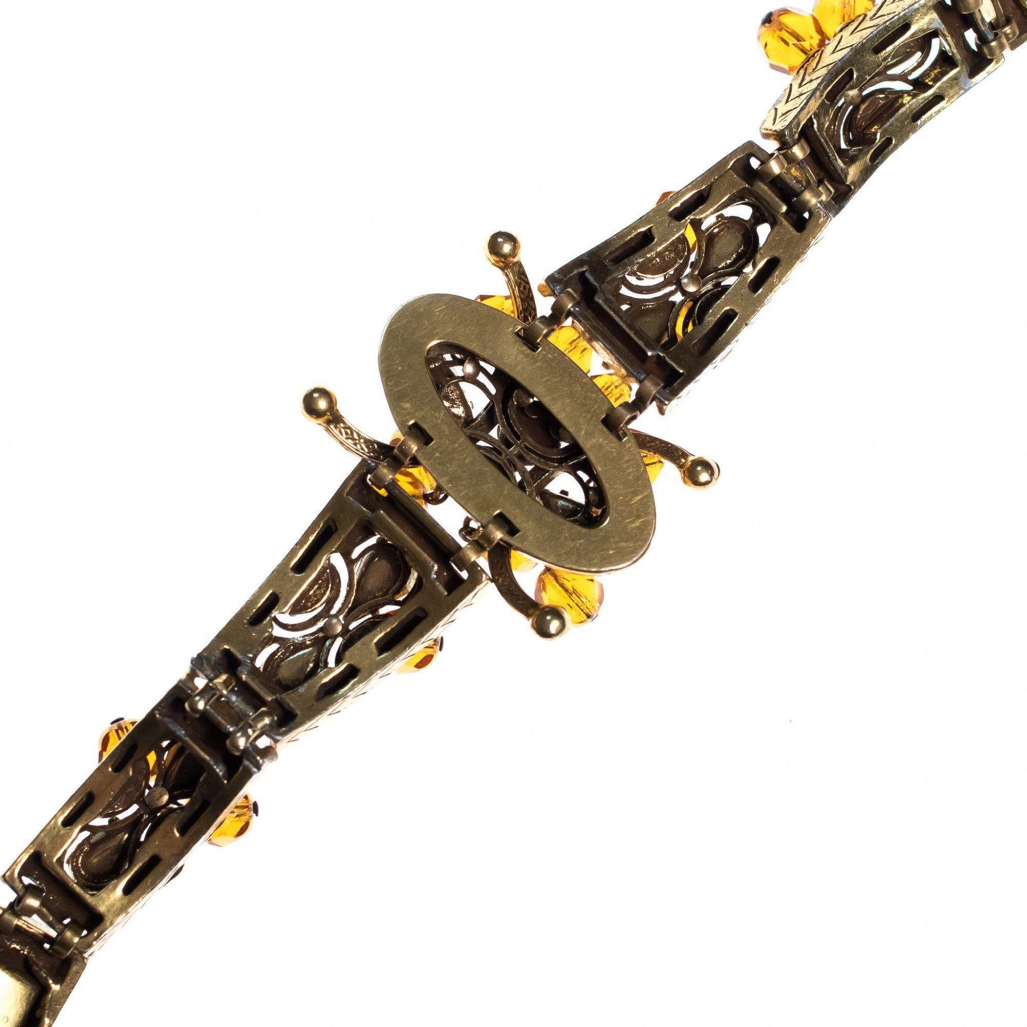 Vintage Victorian Revival Ornate Bracelet with Citrine and Amber Rhinestones by Mid Century Modern - Vintage Meet Modern Vintage Jewelry - Chicago, Illinois - #oldhollywoodglamour #vintagemeetmodern #designervintage #jewelrybox #antiquejewelry #vintagejewelry