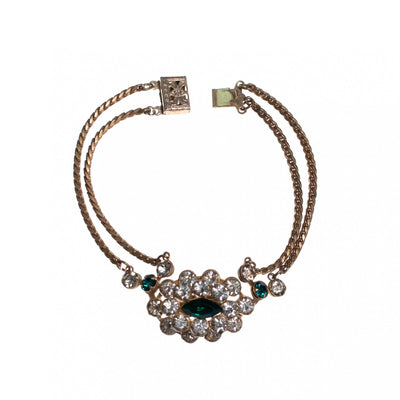 Vintage 1940s Gilt Bracelet with Diamante and Emerald Green Crystals by Unsigned Beauty - Vintage Meet Modern Vintage Jewelry - Chicago, Illinois - #oldhollywoodglamour #vintagemeetmodern #designervintage #jewelrybox #antiquejewelry #vintagejewelry