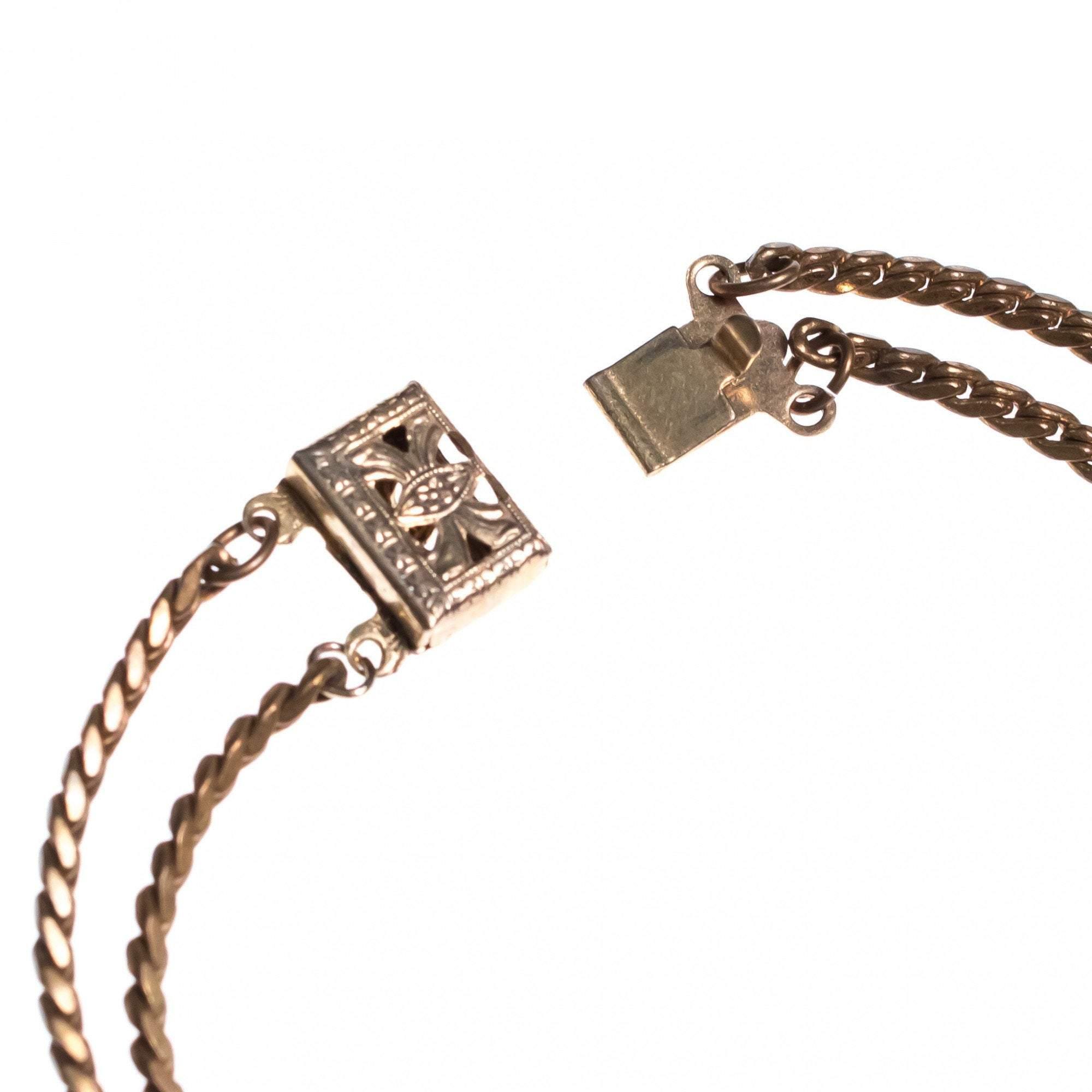 Vintage 1940s Gilt Bracelet with Diamante and Emerald Green Crystals by Unsigned Beauty - Vintage Meet Modern Vintage Jewelry - Chicago, Illinois - #oldhollywoodglamour #vintagemeetmodern #designervintage #jewelrybox #antiquejewelry #vintagejewelry