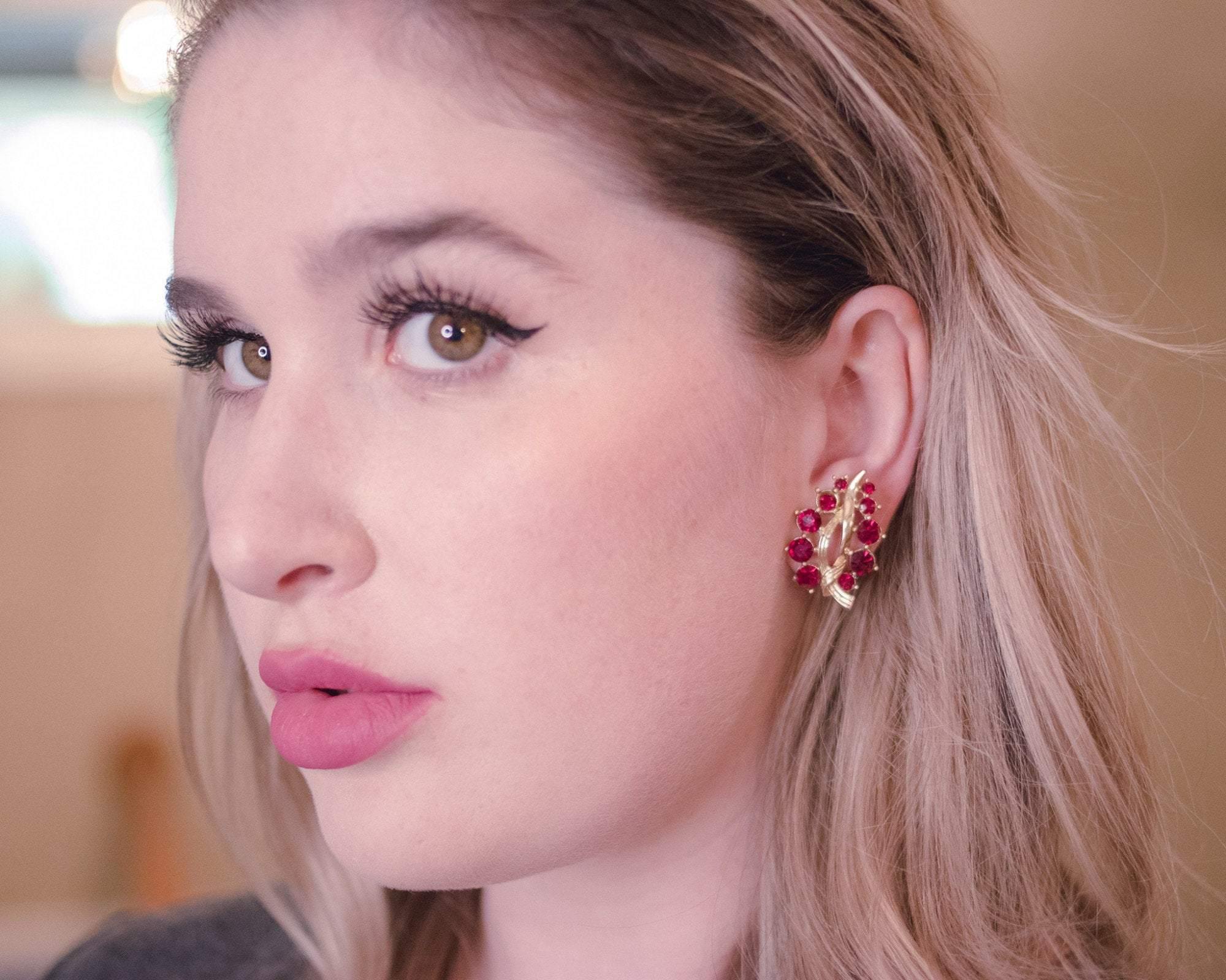 Vintage Lisner Red Rhinestone Earrings by Lisner - Vintage Meet Modern Vintage Jewelry - Chicago, Illinois - #oldhollywoodglamour #vintagemeetmodern #designervintage #jewelrybox #antiquejewelry #vintagejewelry