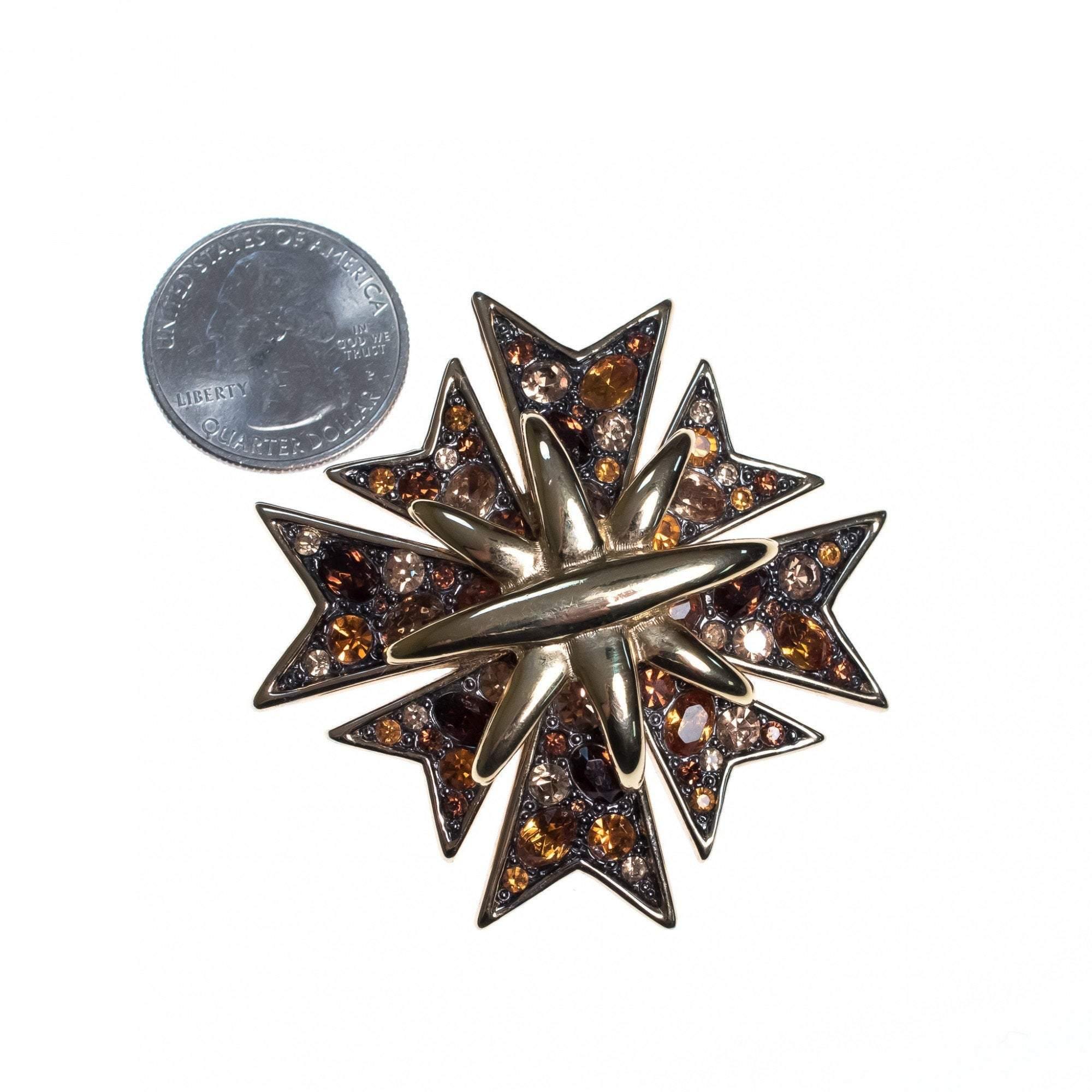 Vintage Kenneth Jay Lane Bejeweled Maltese Cross Brooch with Gunmetal, Amber, and Champagne Rhinestones by Kenneth Jay Lane - Vintage Meet Modern Vintage Jewelry - Chicago, Illinois - #oldhollywoodglamour #vintagemeetmodern #designervintage #jewelrybox #antiquejewelry #vintagejewelry