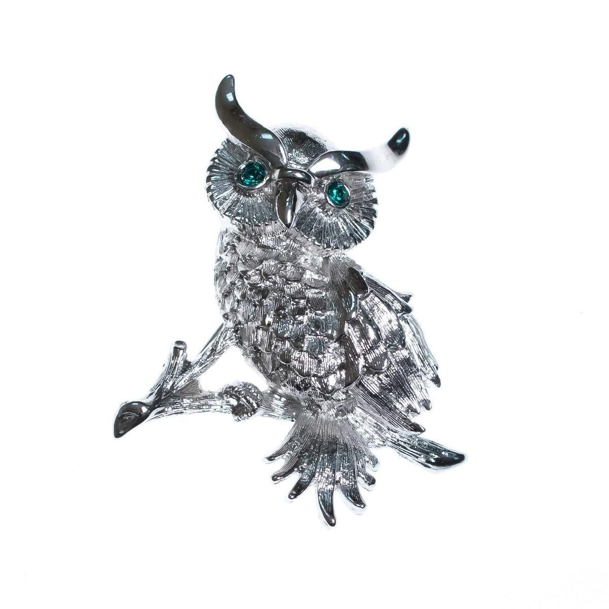 Vintage Silver Monet Owl Brooch with Emerald Crystal Eyes