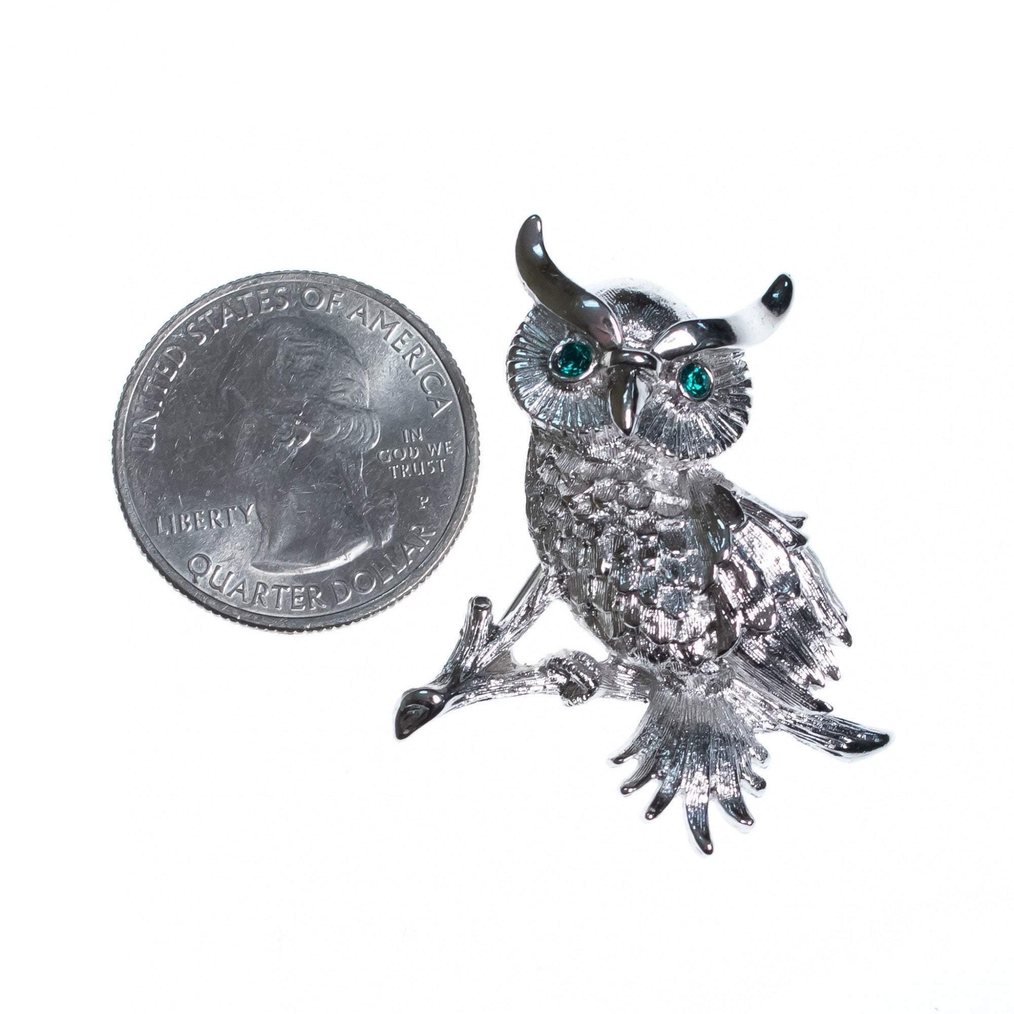 Vintage Silver Monet Owl Brooch with Emerald Crystal Eyes by Monet - Vintage Meet Modern Vintage Jewelry - Chicago, Illinois - #oldhollywoodglamour #vintagemeetmodern #designervintage #jewelrybox #antiquejewelry #vintagejewelry