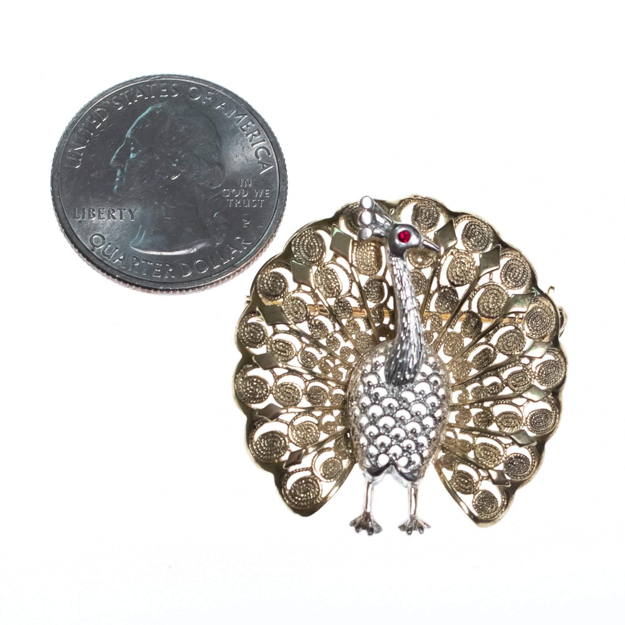 Vintage Peacock Filigree Brooch set in 800 Silver and Gold Wash by 800 Silver - Vintage Meet Modern Vintage Jewelry - Chicago, Illinois - #oldhollywoodglamour #vintagemeetmodern #designervintage #jewelrybox #antiquejewelry #vintagejewelry