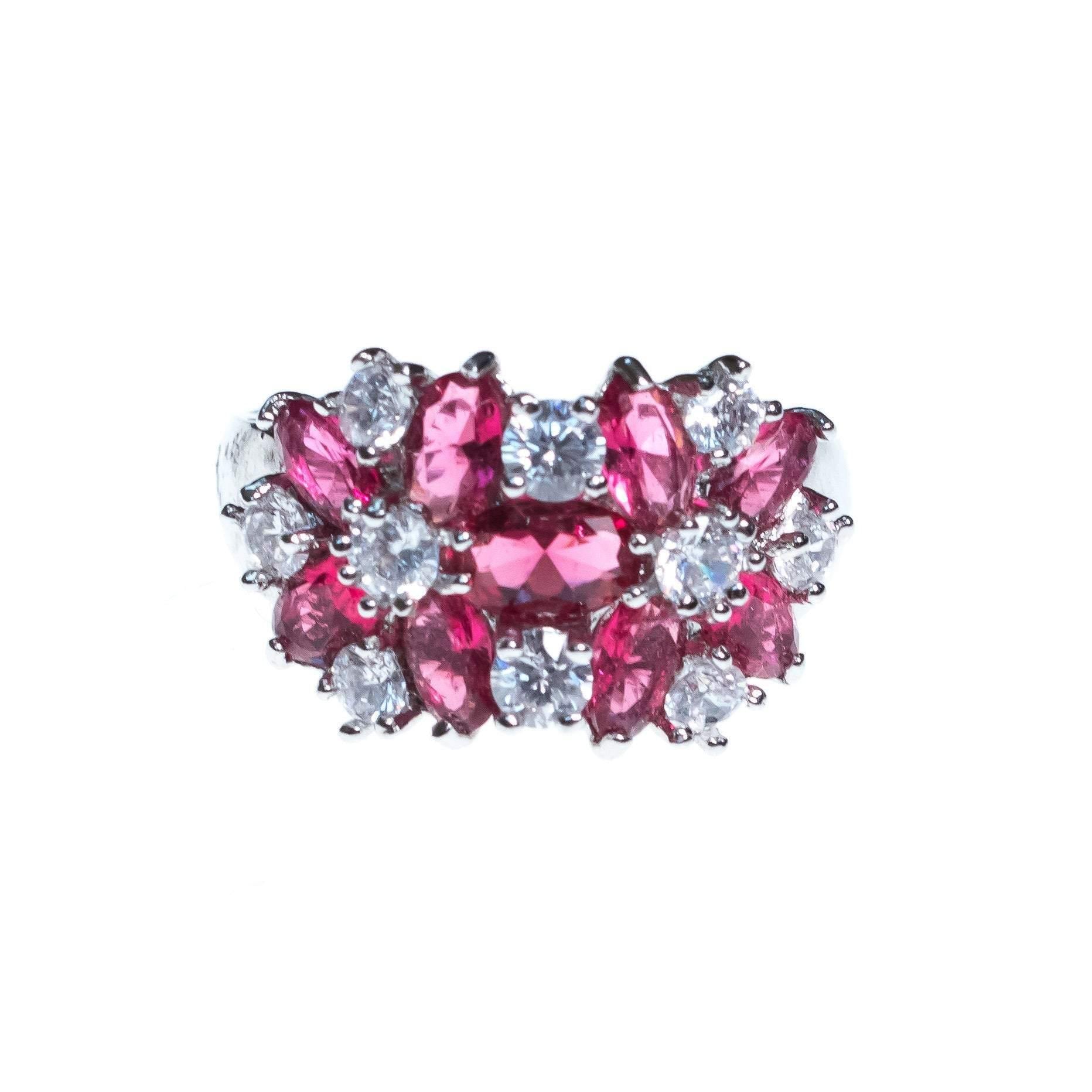 Vintage Ruby and CZ Wide Band Flower Ring by 1980s - Vintage Meet Modern Vintage Jewelry - Chicago, Illinois - #oldhollywoodglamour #vintagemeetmodern #designervintage #jewelrybox #antiquejewelry #vintagejewelry