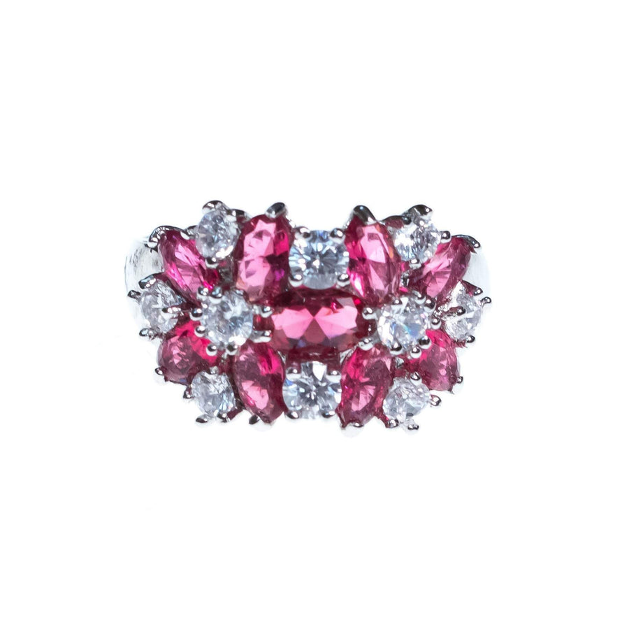 Vintage Ruby and CZ Wide Band Flower Ring by 1980s - Vintage Meet Modern Vintage Jewelry - Chicago, Illinois - #oldhollywoodglamour #vintagemeetmodern #designervintage #jewelrybox #antiquejewelry #vintagejewelry