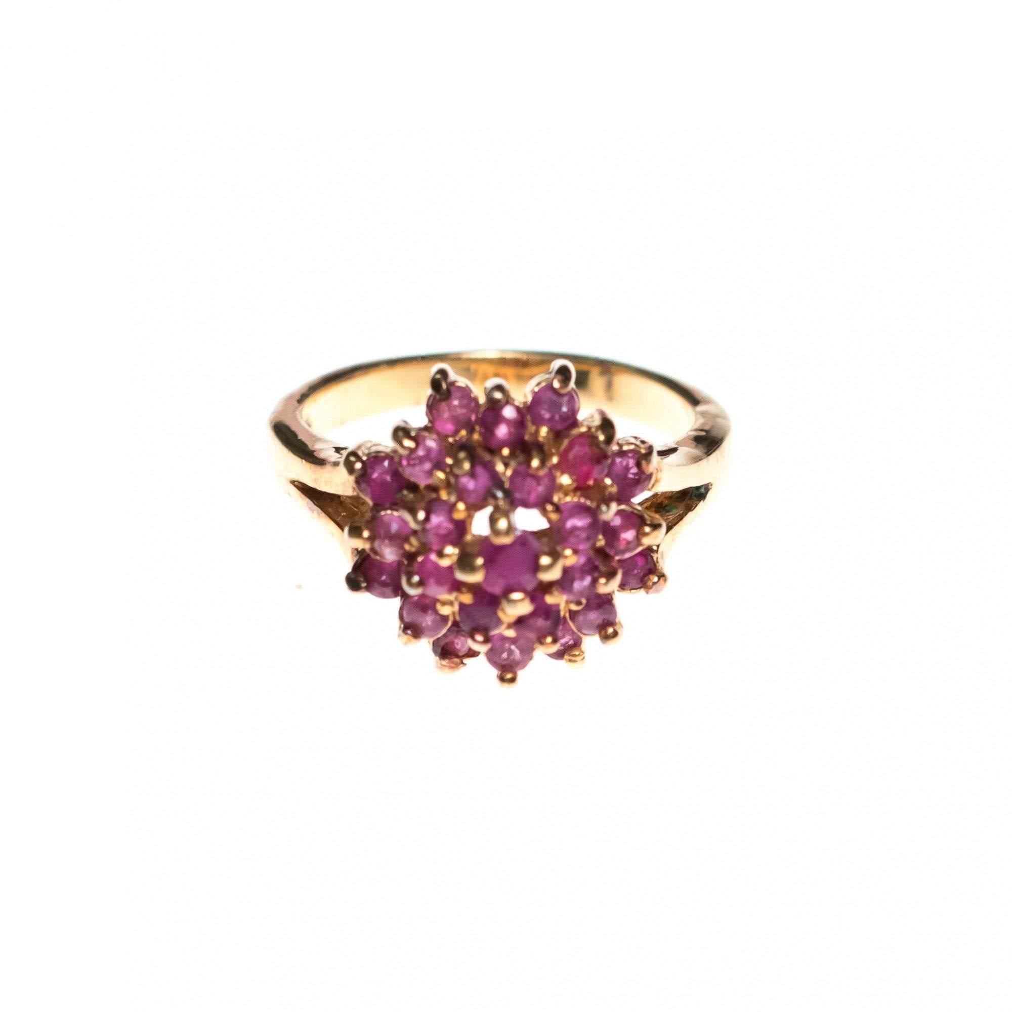 Vintage Ruby Cluster Cocktail Statement Ring 18kt Gold Plated by Ruby - Vintage Meet Modern Vintage Jewelry - Chicago, Illinois - #oldhollywoodglamour #vintagemeetmodern #designervintage #jewelrybox #antiquejewelry #vintagejewelry