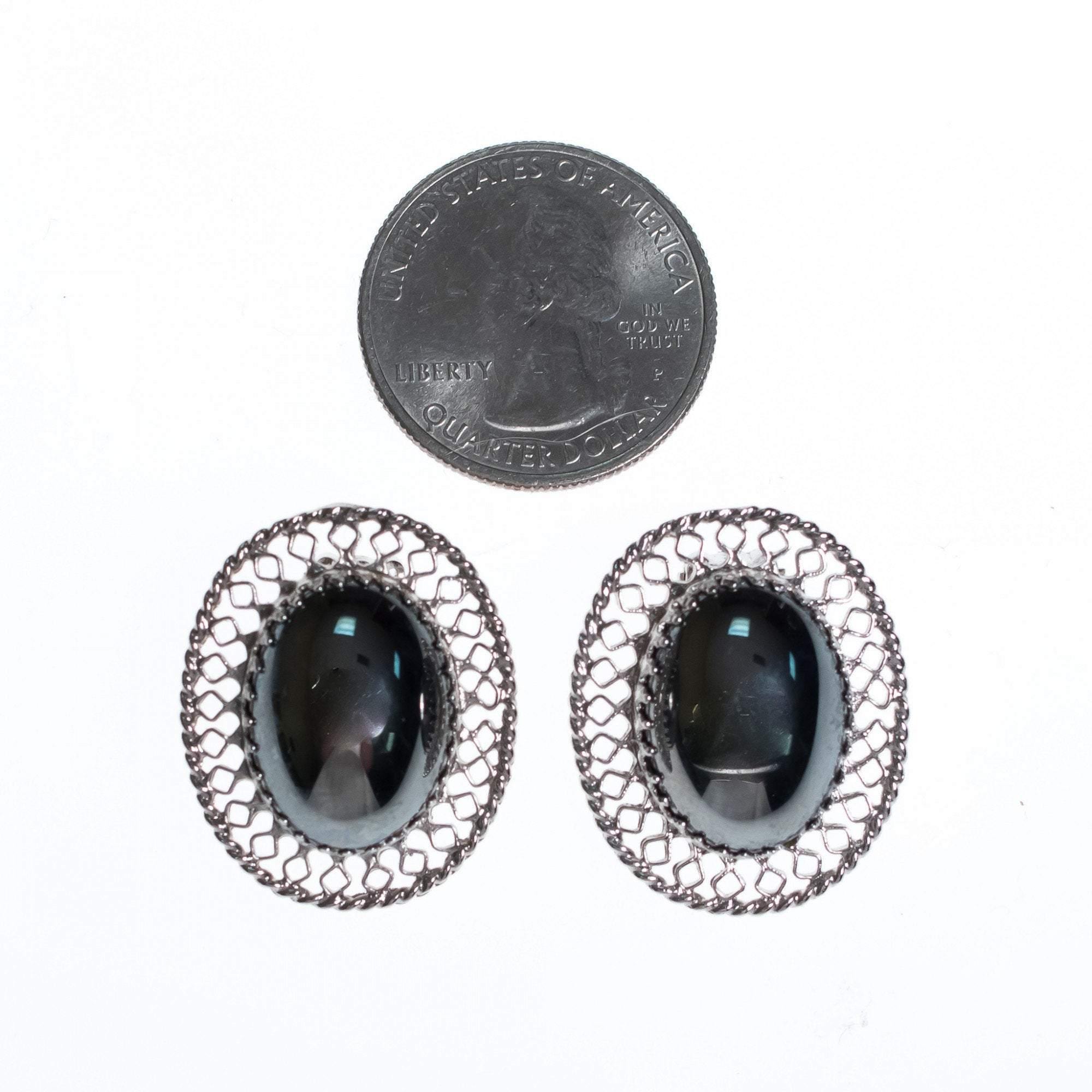 Vintage Whiting and Davis Hematite Earrings with Silver Lattice Details by Whiting and Davis - Vintage Meet Modern Vintage Jewelry - Chicago, Illinois - #oldhollywoodglamour #vintagemeetmodern #designervintage #jewelrybox #antiquejewelry #vintagejewelry