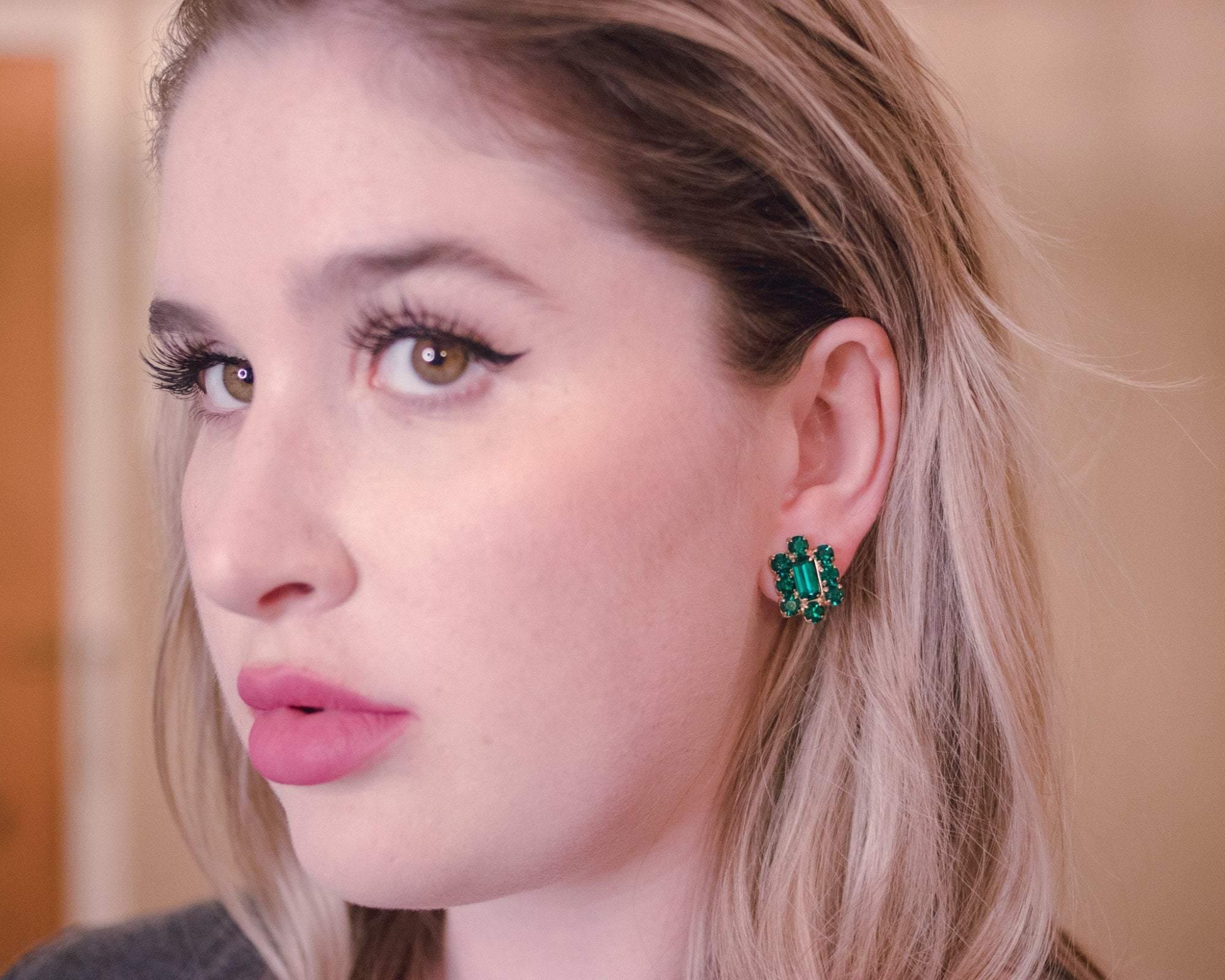 Vintage 1940s Gilt Gold Earrings with Emerald Cut Crystals by 1940s - Vintage Meet Modern Vintage Jewelry - Chicago, Illinois - #oldhollywoodglamour #vintagemeetmodern #designervintage #jewelrybox #antiquejewelry #vintagejewelry