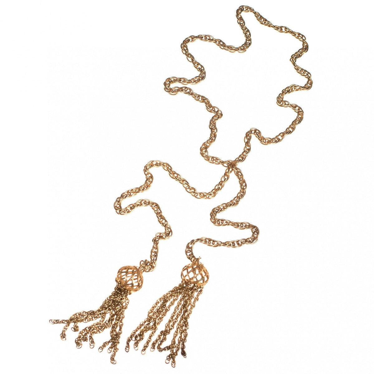 Vintage 1960s Long Gold Lariat Necklace with Tassels