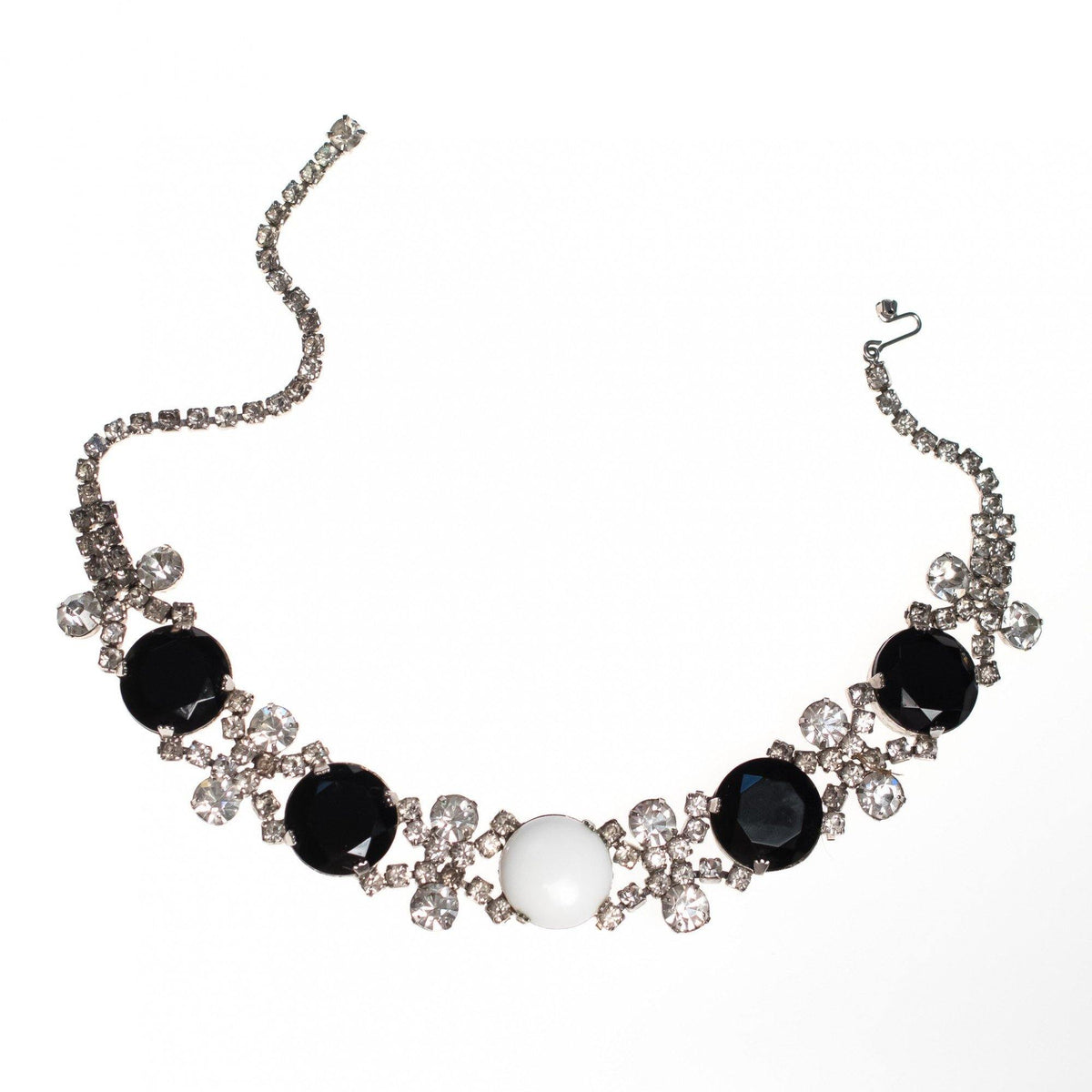 Vintage 1950s Black Jet, Diamante and White Milk Glass Rhinestone Choker Necklace