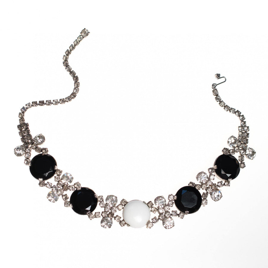 Vintage 1950s Black Jet, Diamante and White Milk Glass Rhinestone Choker Necklace by 1950s - Vintage Meet Modern Vintage Jewelry - Chicago, Illinois - #oldhollywoodglamour #vintagemeetmodern #designervintage #jewelrybox #antiquejewelry #vintagejewelry