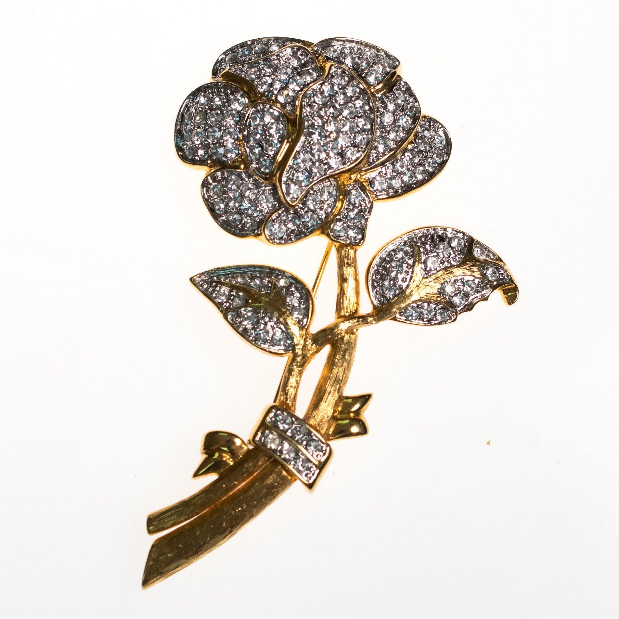Vintage Huge Sparkling Crystal Rose Brooch by Nolan Miller by Nolan Miller - Vintage Meet Modern Vintage Jewelry - Chicago, Illinois - #oldhollywoodglamour #vintagemeetmodern #designervintage #jewelrybox #antiquejewelry #vintagejewelry