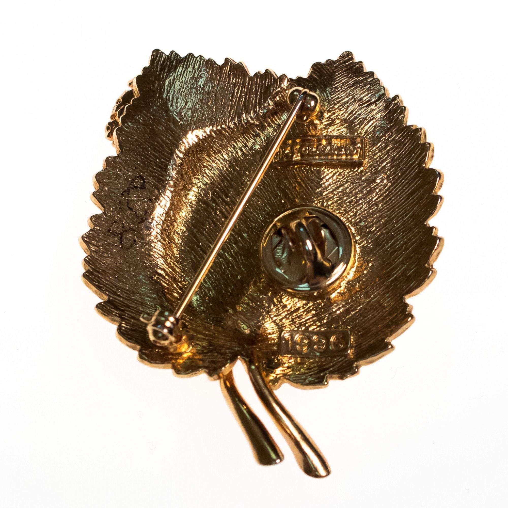 Vintage RJ Graziano Gold Bejeweled Leaf Brooch with Frog by RJ Graziano - Vintage Meet Modern Vintage Jewelry - Chicago, Illinois - #oldhollywoodglamour #vintagemeetmodern #designervintage #jewelrybox #antiquejewelry #vintagejewelry
