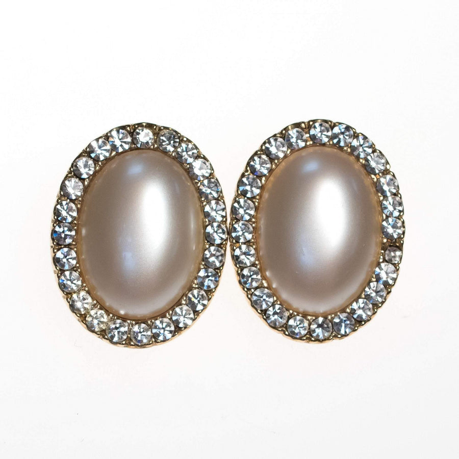 Vintage Oval Large Pearl and Diamante Crystal Earrings by 1980s - Vintage Meet Modern Vintage Jewelry - Chicago, Illinois - #oldhollywoodglamour #vintagemeetmodern #designervintage #jewelrybox #antiquejewelry #vintagejewelry