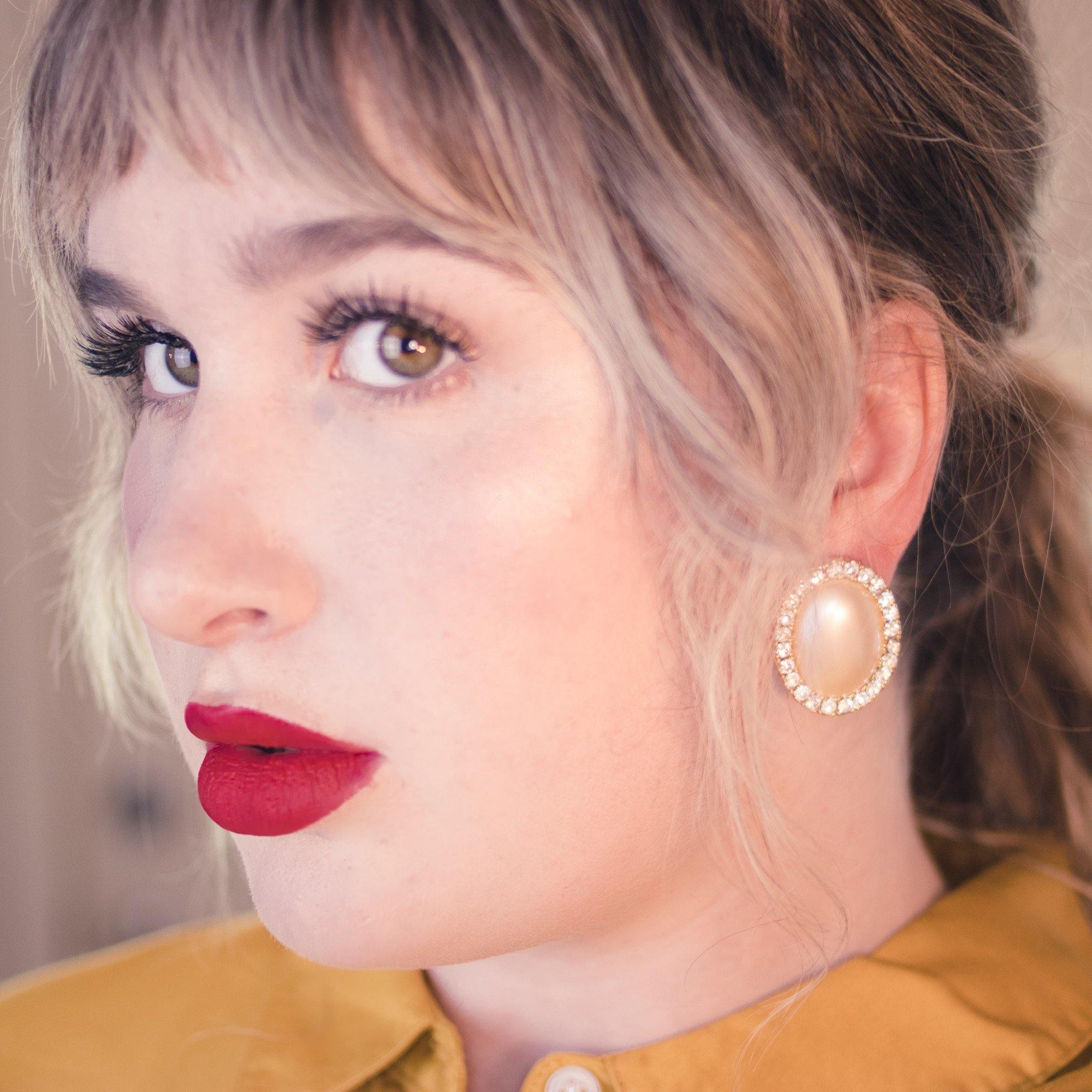 Vintage Oval Large Pearl and Diamante Crystal Earrings by 1980s - Vintage Meet Modern Vintage Jewelry - Chicago, Illinois - #oldhollywoodglamour #vintagemeetmodern #designervintage #jewelrybox #antiquejewelry #vintagejewelry