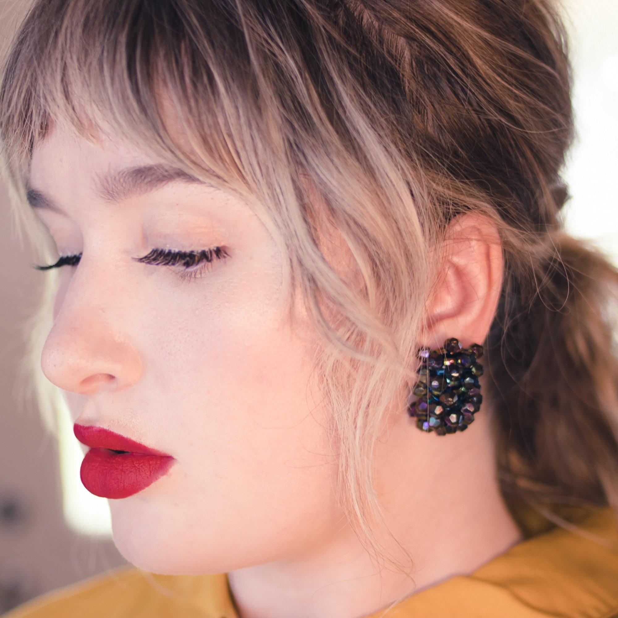 Vintage Dark Iridescent Aurora Borealis Statement Earrings by 1950s - Vintage Meet Modern Vintage Jewelry - Chicago, Illinois - #oldhollywoodglamour #vintagemeetmodern #designervintage #jewelrybox #antiquejewelry #vintagejewelry