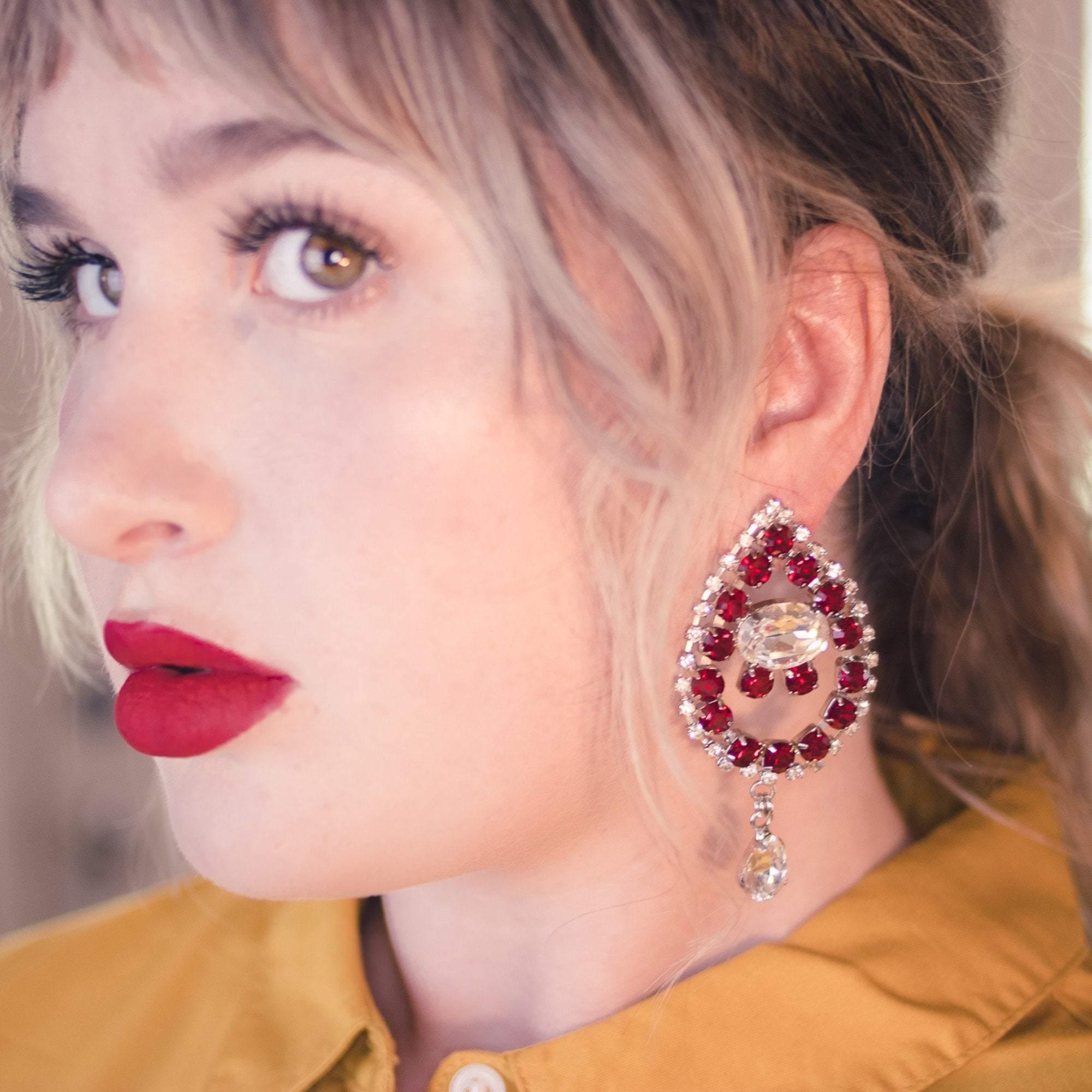 Vintage Huge Ruby Rhinestone Mogul Style Statement Earrings by 1990s - Vintage Meet Modern Vintage Jewelry - Chicago, Illinois - #oldhollywoodglamour #vintagemeetmodern #designervintage #jewelrybox #antiquejewelry #vintagejewelry