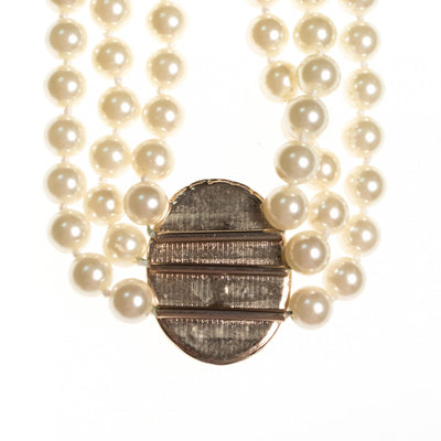 Vintage Luxurious Triple Strand Glass Pearl Necklace with Oval Pearl and Diamante Medallion by 1980s - Vintage Meet Modern Vintage Jewelry - Chicago, Illinois - #oldhollywoodglamour #vintagemeetmodern #designervintage #jewelrybox #antiquejewelry #vintagejewelry
