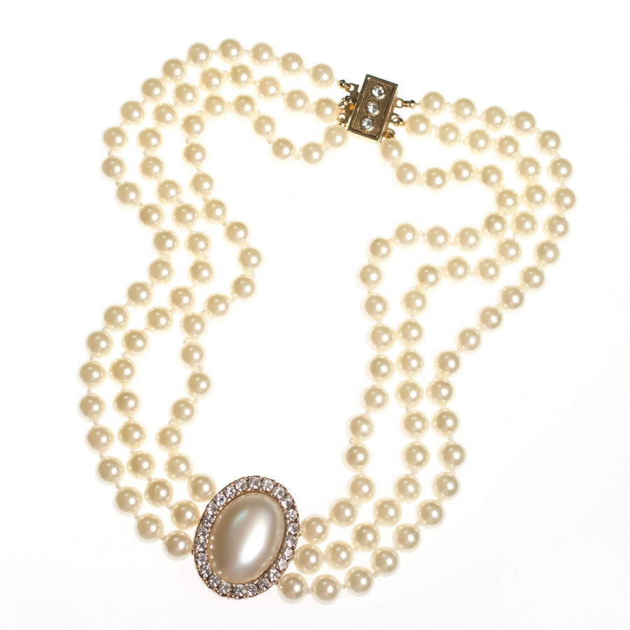 Vintage Luxurious Triple Strand Glass Pearl Necklace with Oval Pearl and Diamante Medallion by 1980s - Vintage Meet Modern Vintage Jewelry - Chicago, Illinois - #oldhollywoodglamour #vintagemeetmodern #designervintage #jewelrybox #antiquejewelry #vintagejewelry