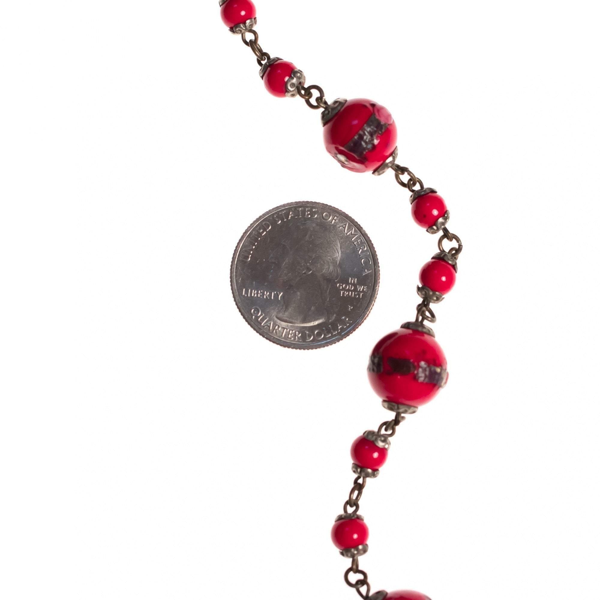 Vintage Art Deco Era Red Venetian Wedding Cake Bead Murano Glass with Mother of Pearl Inlay by Art Deco - Vintage Meet Modern Vintage Jewelry - Chicago, Illinois - #oldhollywoodglamour #vintagemeetmodern #designervintage #jewelrybox #antiquejewelry #vintagejewelry