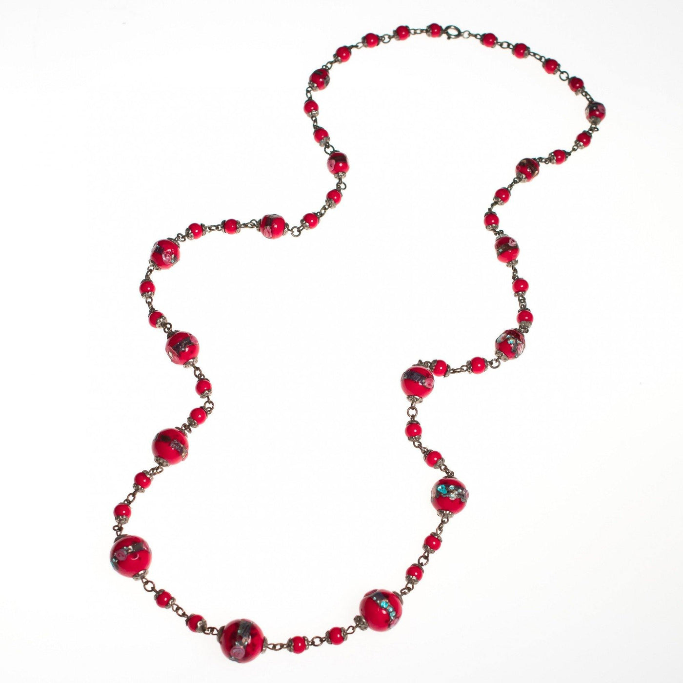 Vintage Art Deco Era Red Venetian Wedding Cake Bead Murano Glass with Mother of Pearl Inlay