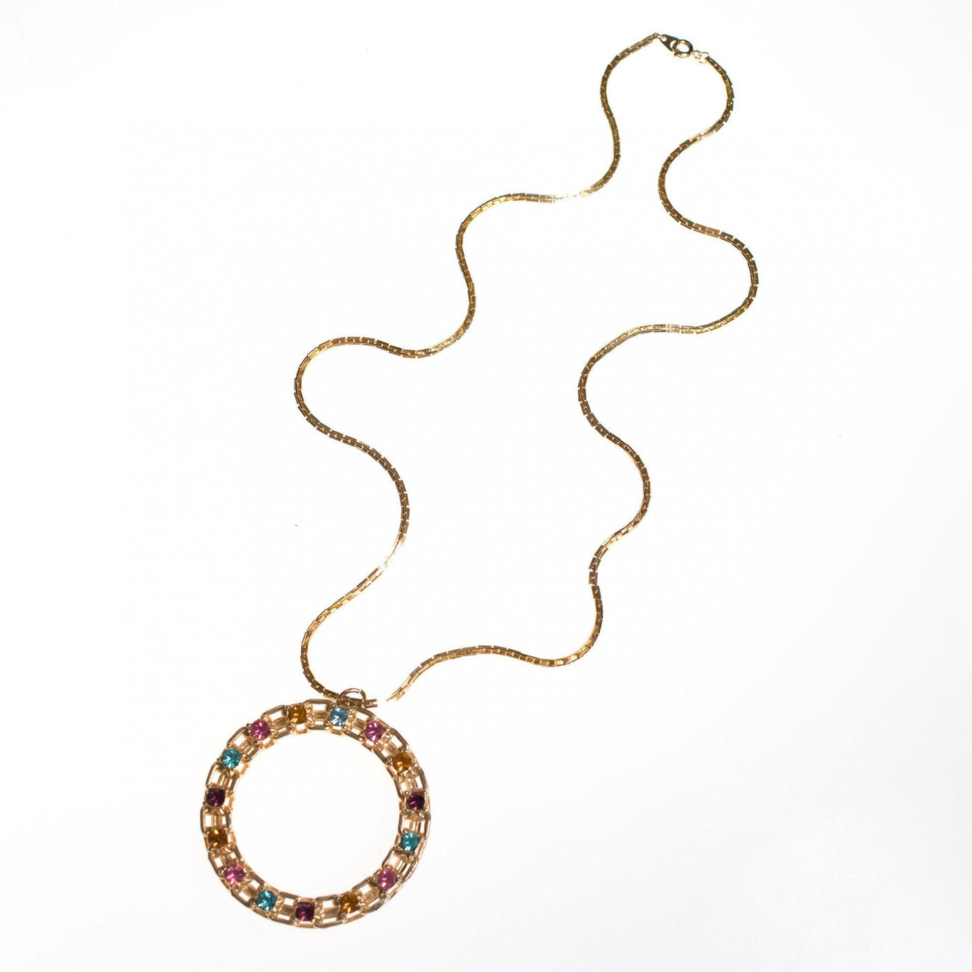 Vintage Swarovski Colorful Rhinestone O Pendant Statement Necklace