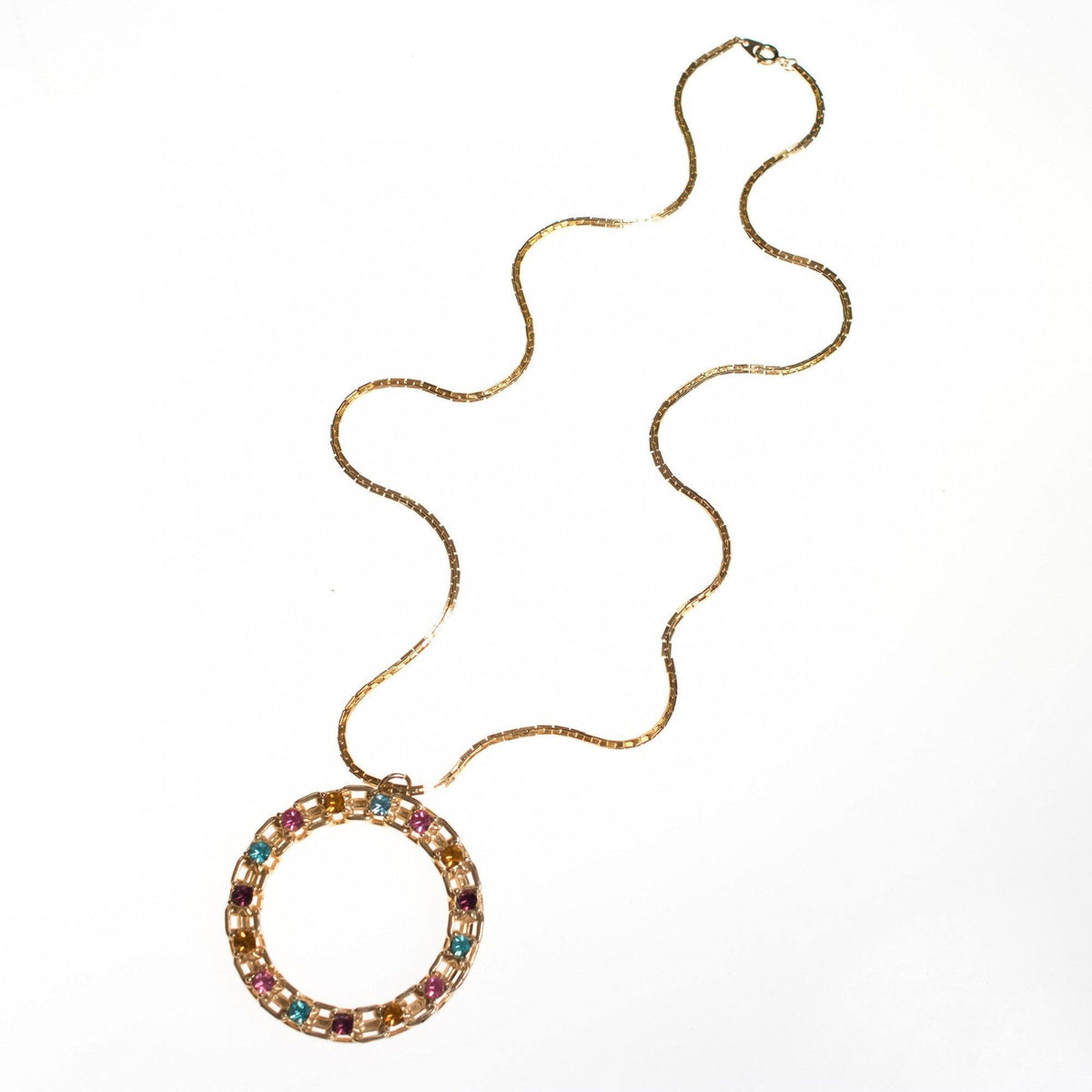 Vintage Swarovski Colorful Rhinestone O Pendant Statement Necklace