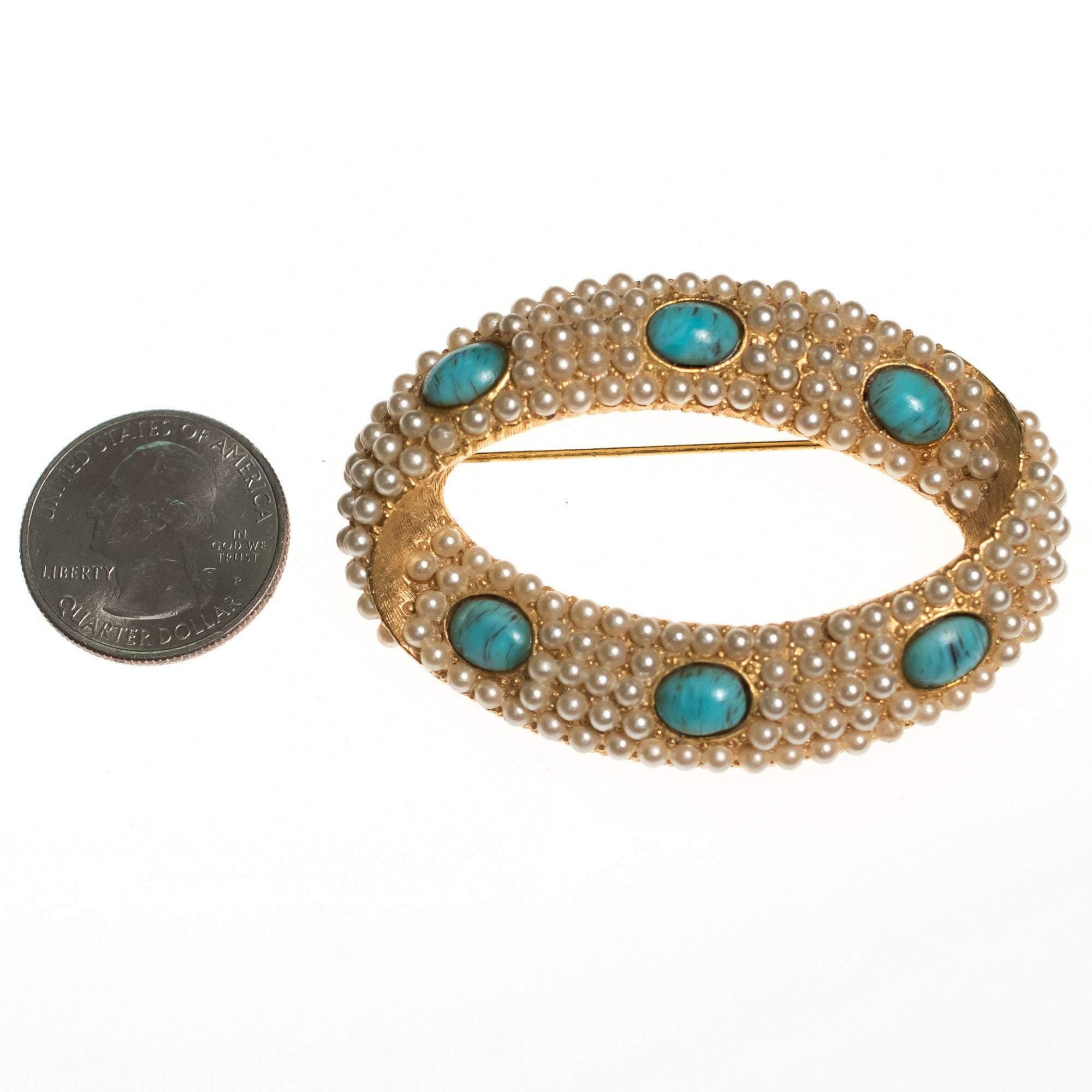 Vintage Faux Pearl and Turquoise Brooch by 1950s - Vintage Meet Modern Vintage Jewelry - Chicago, Illinois - #oldhollywoodglamour #vintagemeetmodern #designervintage #jewelrybox #antiquejewelry #vintagejewelry
