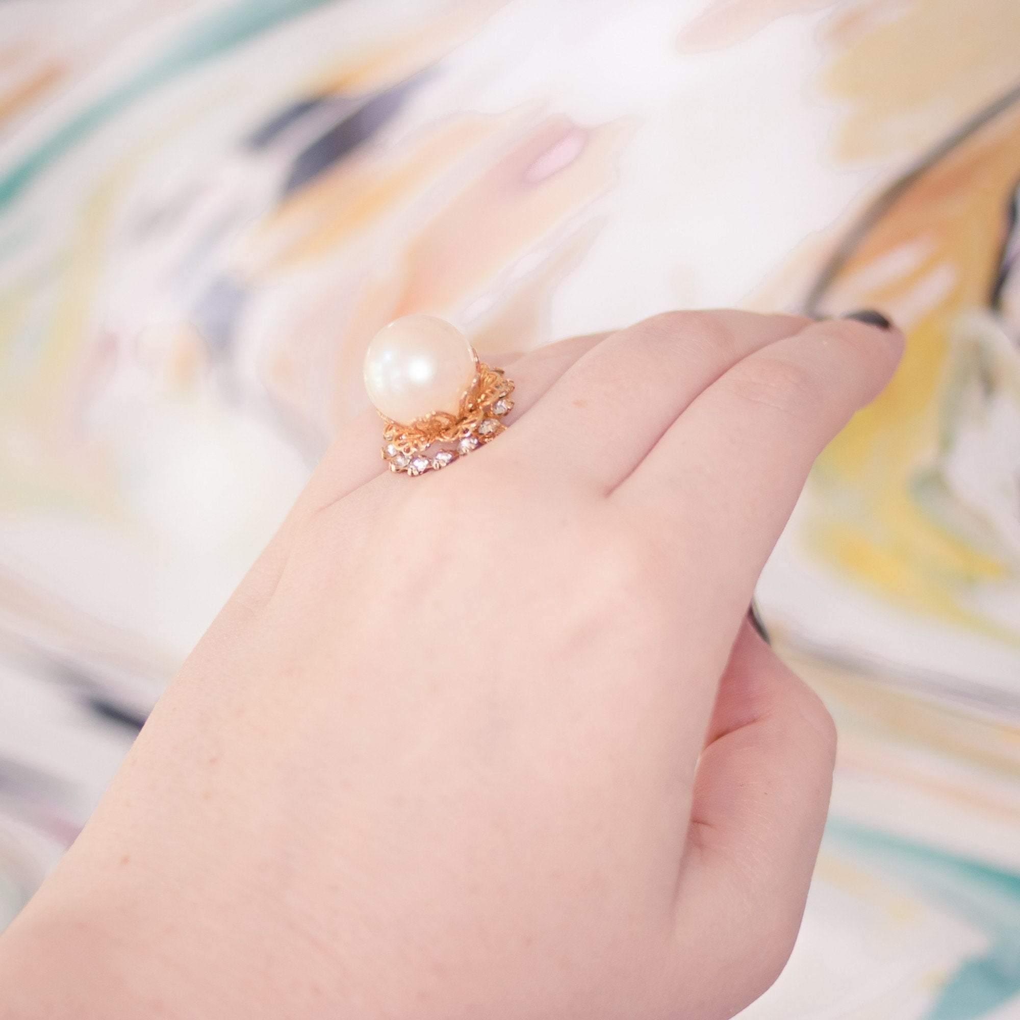 Vintage Faux Pearl and Diamante Crystal Cocktail Ring by 1950s - Vintage Meet Modern Vintage Jewelry - Chicago, Illinois - #oldhollywoodglamour #vintagemeetmodern #designervintage #jewelrybox #antiquejewelry #vintagejewelry