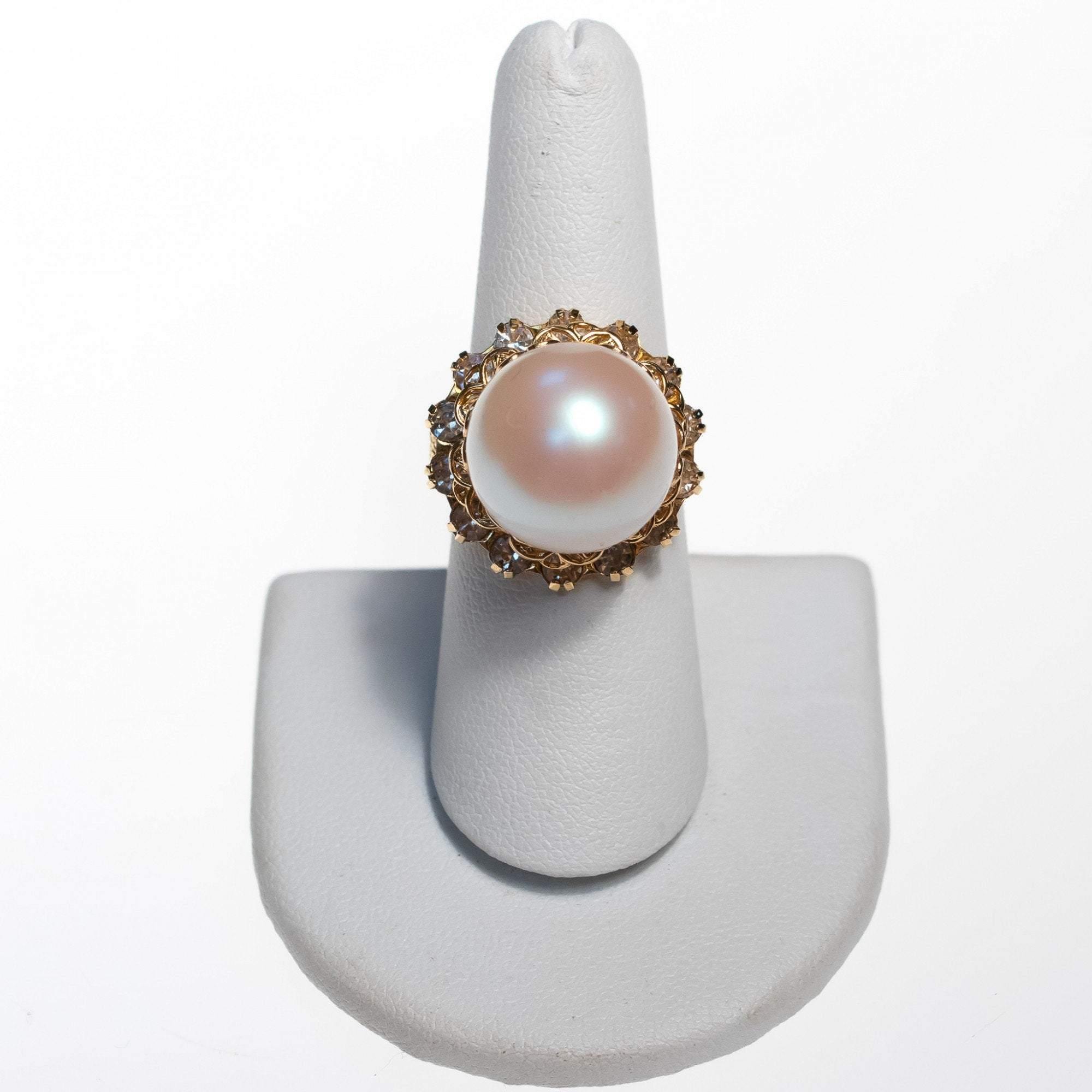 Vintage Faux Pearl and Diamante Crystal Cocktail Ring by 1950s - Vintage Meet Modern Vintage Jewelry - Chicago, Illinois - #oldhollywoodglamour #vintagemeetmodern #designervintage #jewelrybox #antiquejewelry #vintagejewelry